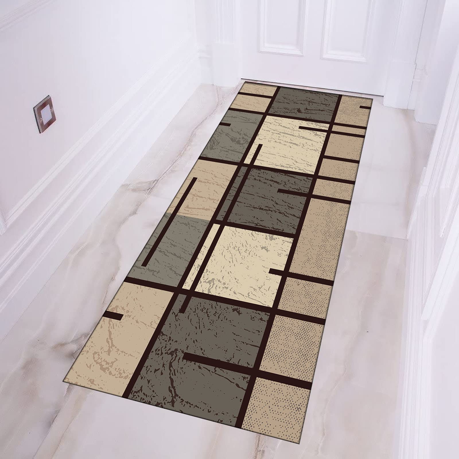 Läufer Teppich Flur rutschfest Modern Vintage Geometrisch Rechteckig Teppich für Küche und Wohnzimmer Ideal für Korridorräume