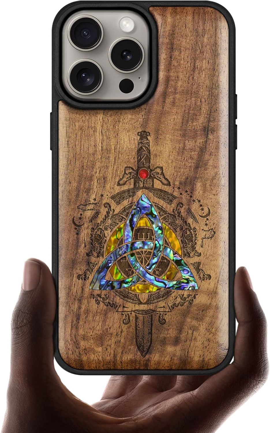 Carveit Wooden Case for iPhone 15 Pro Max Magnetic Case, Compatible with MagSafe Wireless Chargers, Shockproof Cover, Handmade Shell Inlaid & Wood Artisan Engraved (Norse Emblems) Walnut