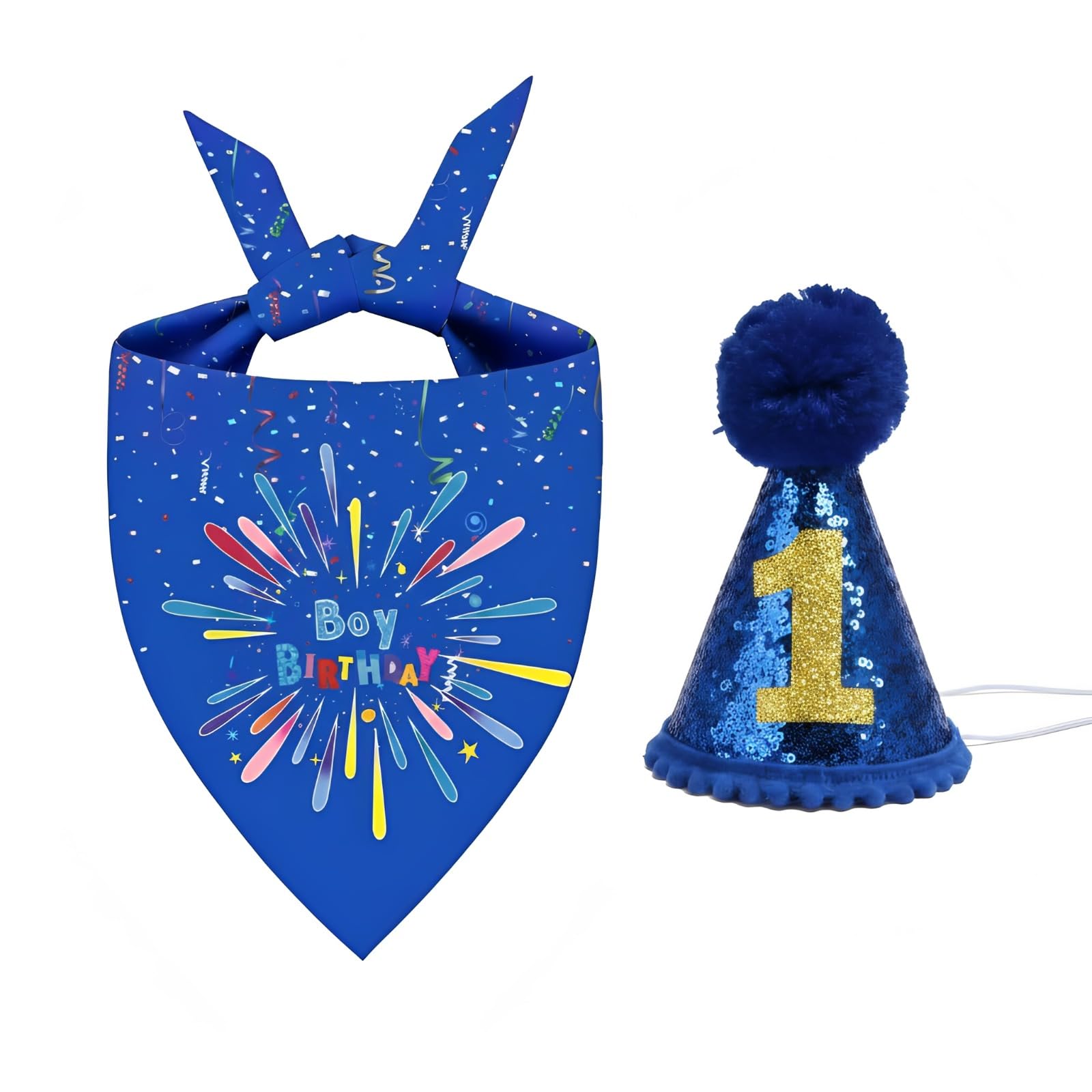 Bestwist Dog Birthday Bandana Set, 3-Piece Blue Dog Bandana with Hat & Number Decoration for Boy | Complete Birthday Present for Small Medium Large Dogs, Fits Necks up to 19 Inches