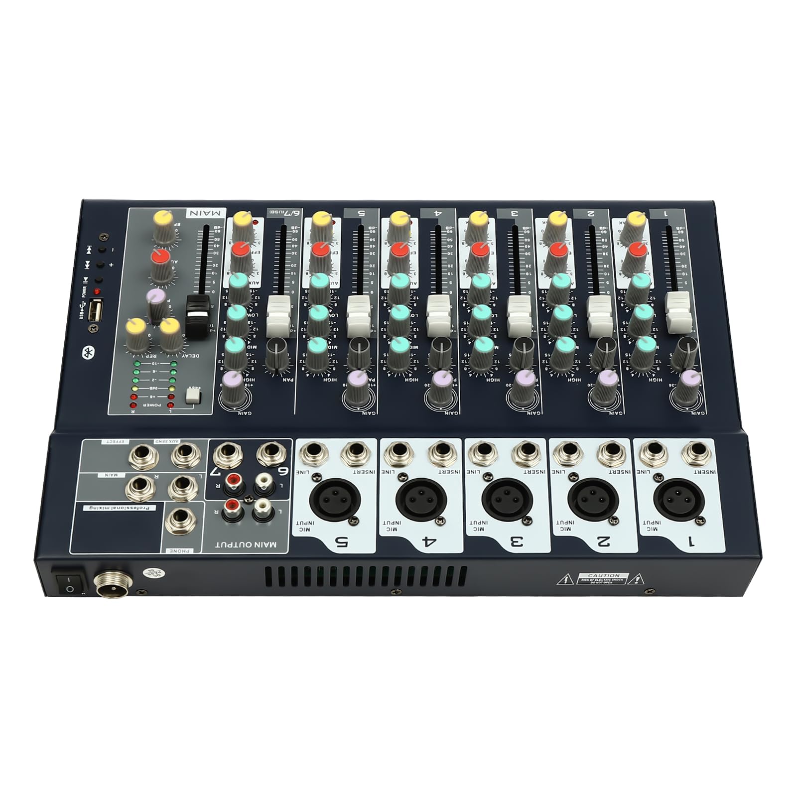 Mixer audio a 7 canali con Bluetooth e USB, alimentazione phantom da 48 V, equalizzatore a 3 bande, 5 effetti sonori, mixer stereo digitale per karaoke domestico, podcast, streaming live, band