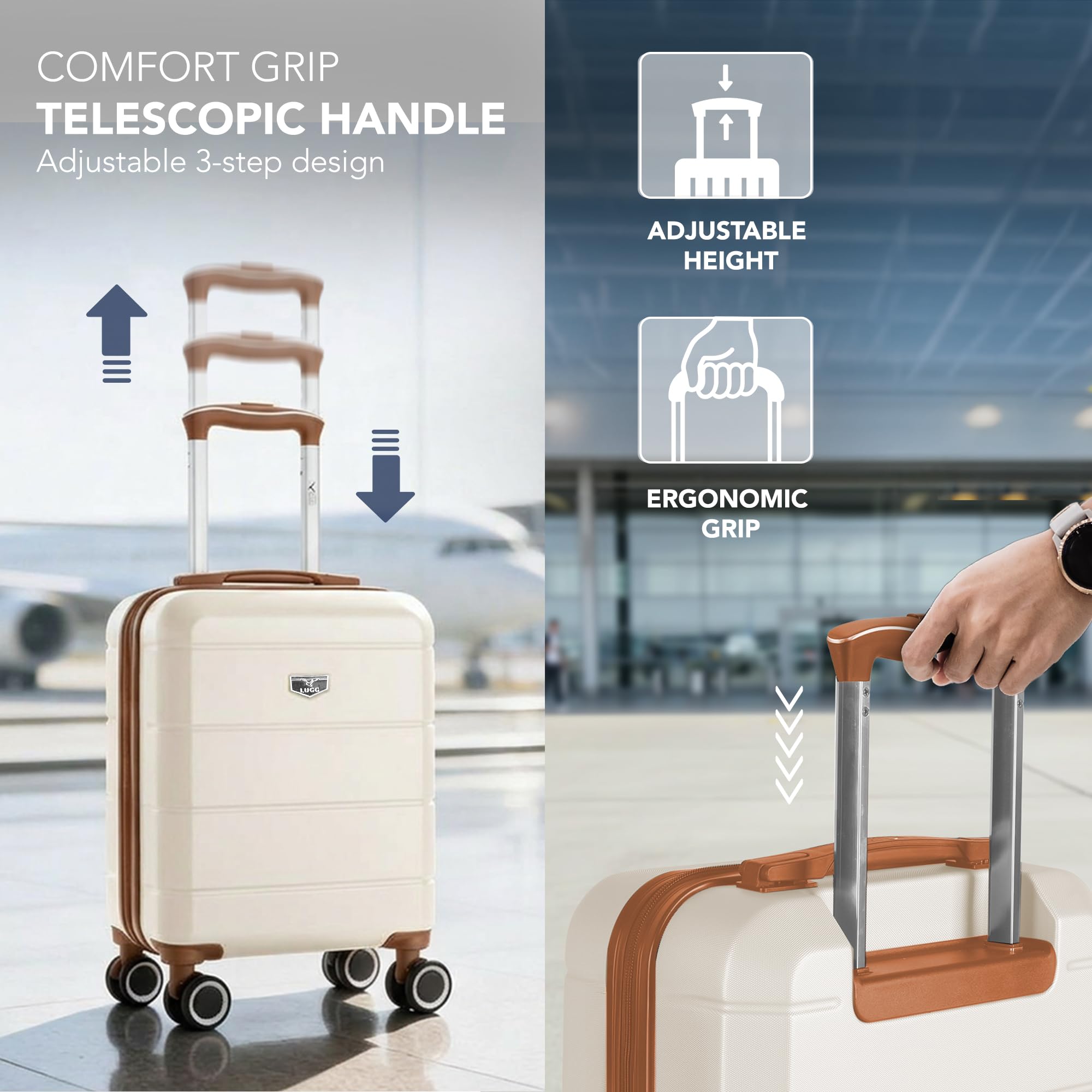 LUGG - Jetset 40cm Suitcase - 40x30x20cm- Ryanair Compatible - Underseat Size - Hard Shell ABS - Spinner & Removable Wheels - Lightweight Travel Luggage- Cream/Brown — view 194