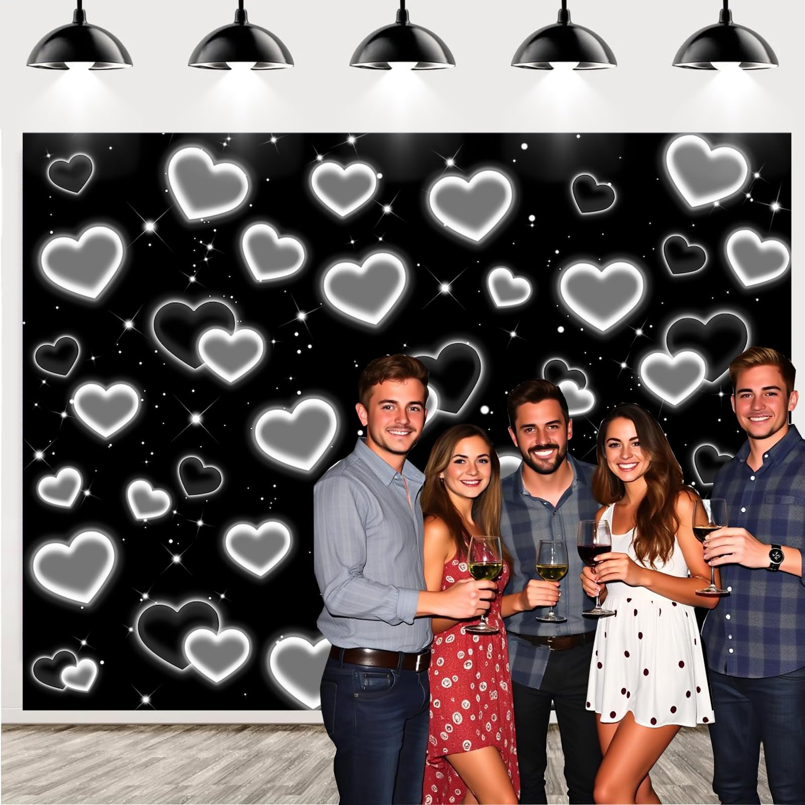 Telón de fondo de corazón negro de los años 90, decoración de fiesta de los años 2000, fondo del día de San Valentín, pancarta de cumpleaños número 16 para niñas y mujeres, compromiso, boda, despedida