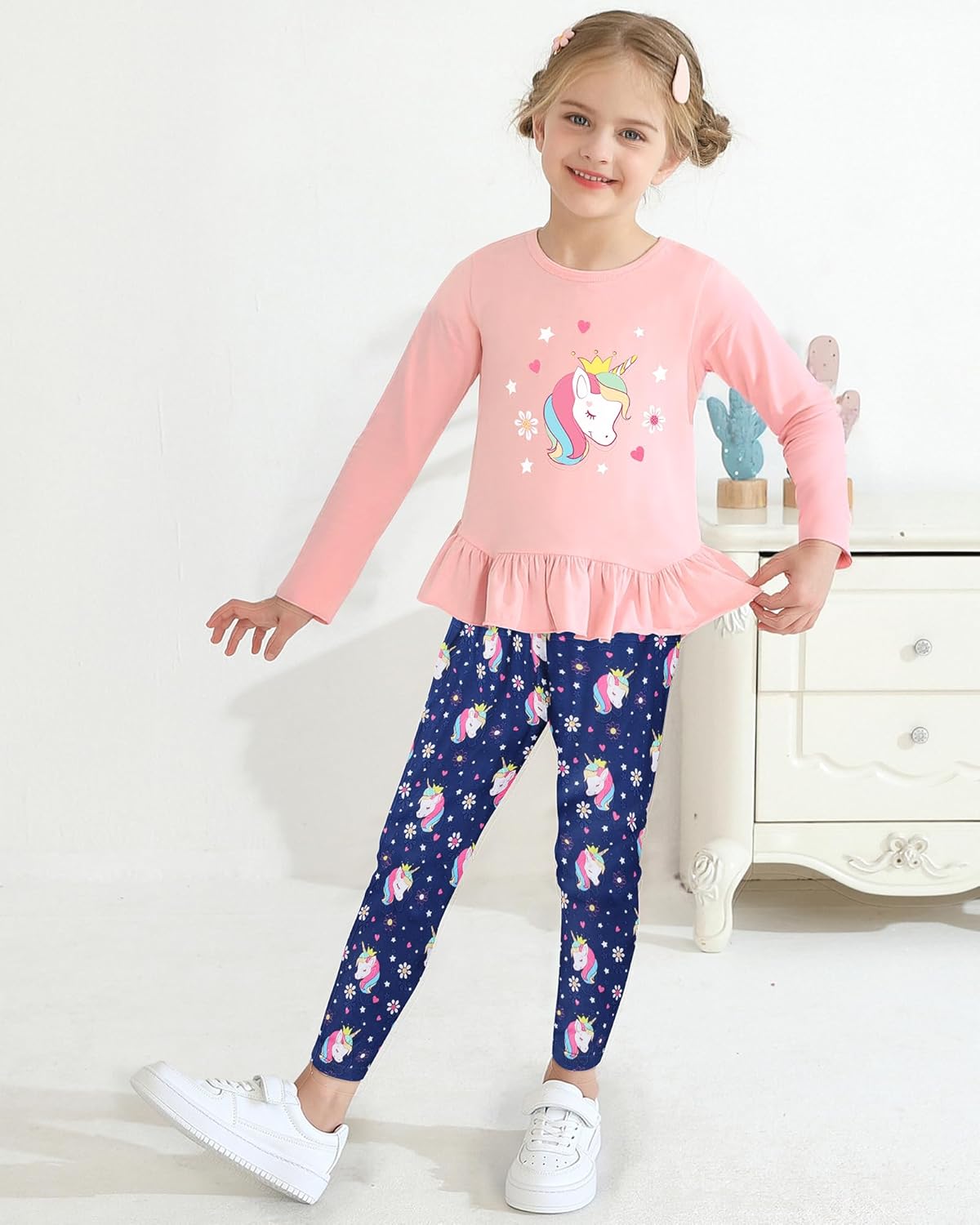 CARETOO Toddler Girl Clothes Girl 2pcs Fall Winter Outfit Ruffle Hem Top and Full-print Patterned Pants 2-7 Years - Image 2