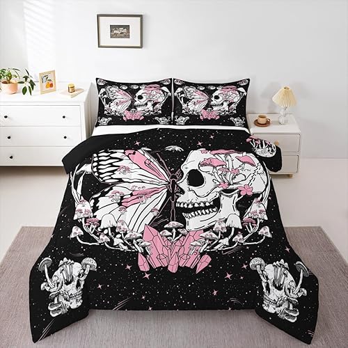 Miniatura 5 de Juego de edredón de calavera y mariposa, tamaño individual, edredón acolchado con hongos rosados, gótico, galaxia, estrellado, luna, juego de ropa