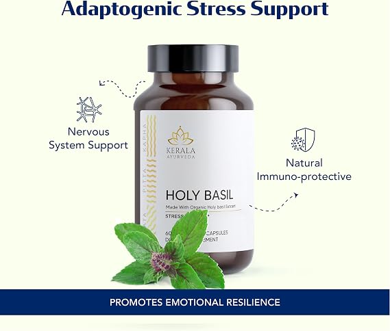 Kerala Ayurveda Holy Basil Tulsi Extract Capsules (60 Vegan Tablets) | Adrenal Support Herbal Supplements with Respiratory Wellness & Calm Support | Natural Ingredients | Prop 65 Compliant