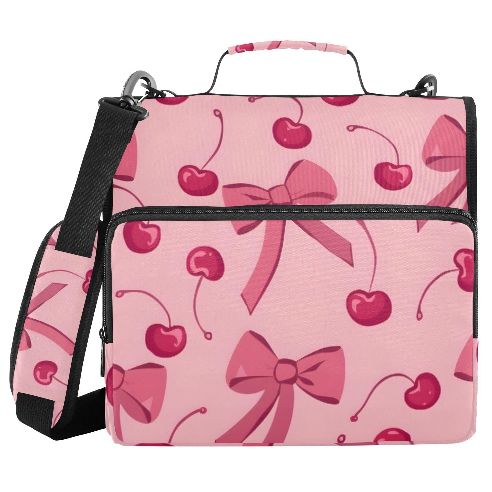 Bow Cherry Pink Zipper Binder Bag 3 Ring Binder with Shoulder Strap Zip Up 500 Sheets Capacity Multi Pockets for School Office Supplies