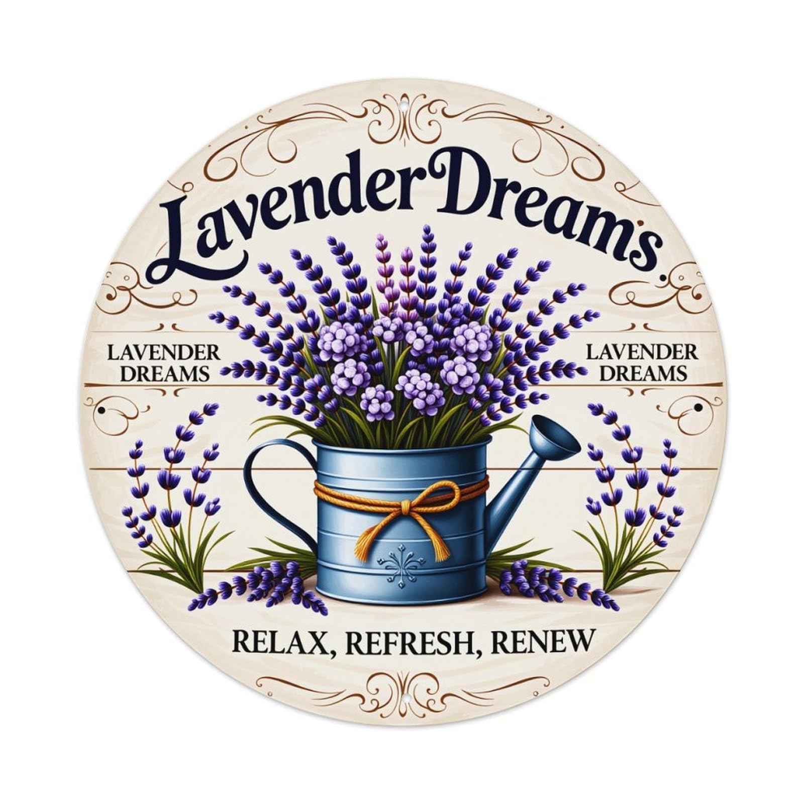 Wmlzdnwr Vintage Lavender Dreams Watering Can With Purple Flowers And Green Leaves Round Tin Sign,Retro Wall Art,Metal Poster For Home, Bar, Garage, Cafe, Rustic Indoor & Outdoor Decor, 8X8 Inches