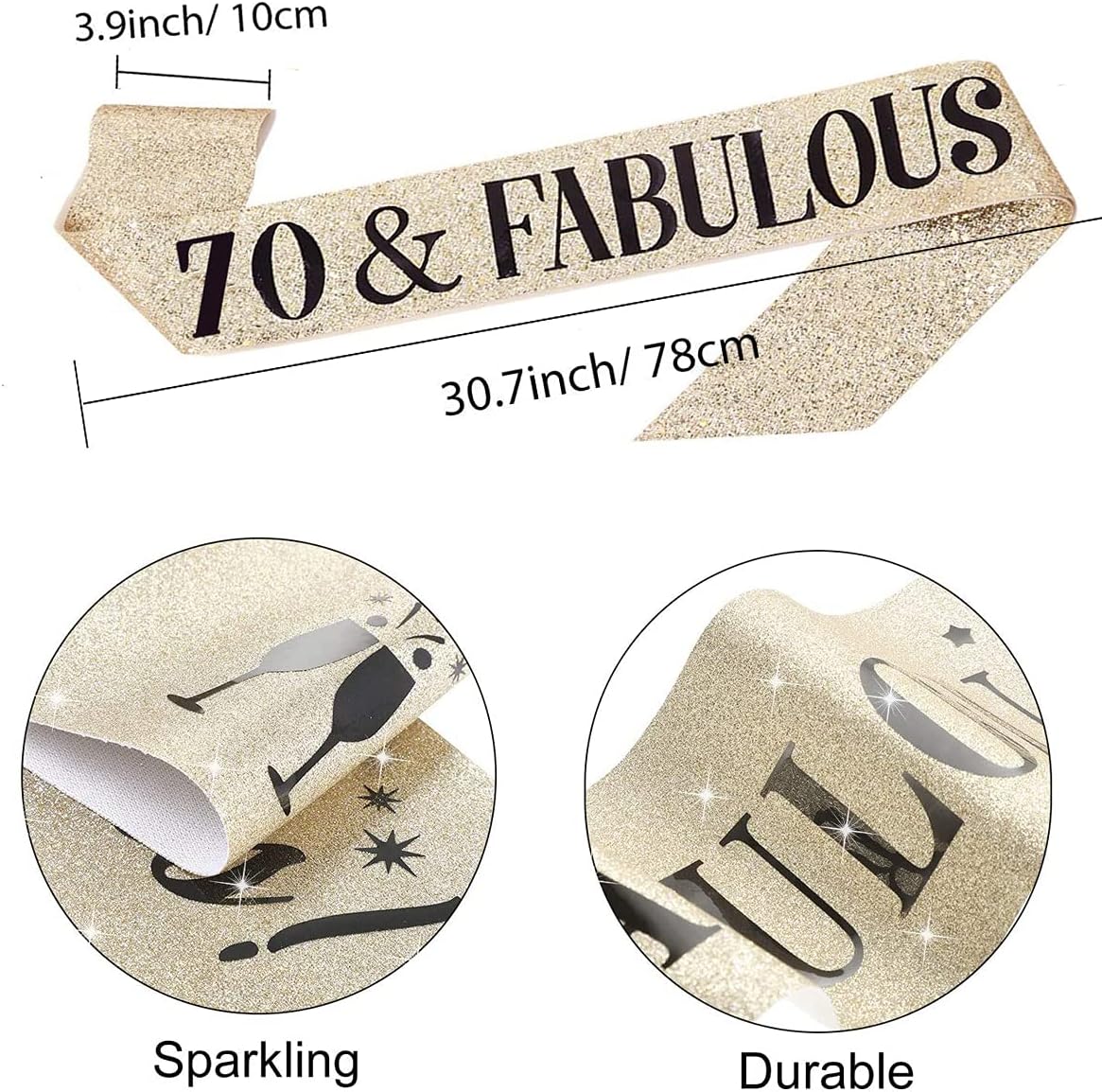 Leixi 70 and Fabulous Sash & Rhinestone Tiara Set - 70th Birthday Sash 70 Birthday Gifts Party Favors (Gold) - Image 4