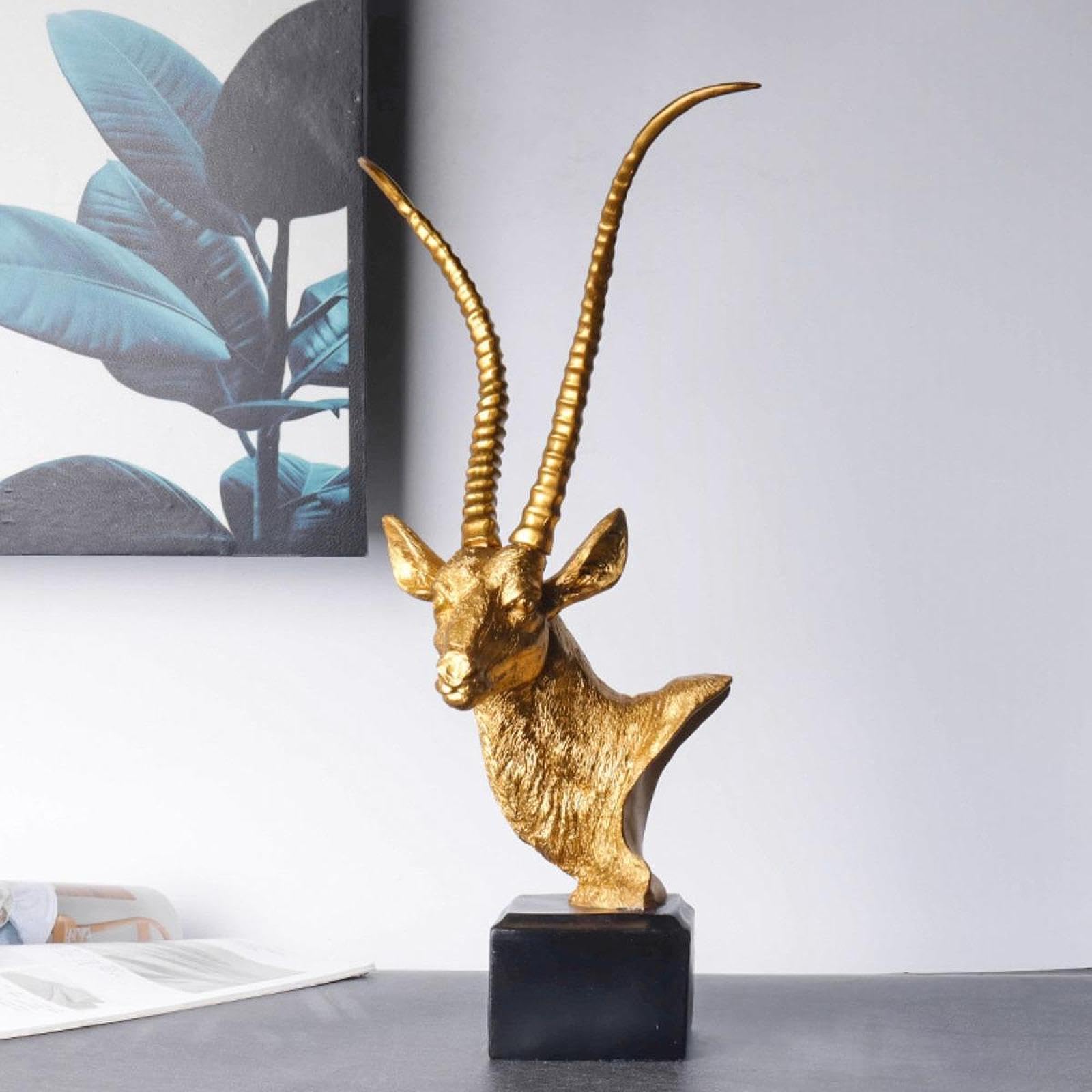 Qianly Scultura di Testa di Antilope, Oggetto da Collezione, Realistica, Decorativa, Statua di Animale da Scrivania per Libreria, Caminetto, Soggiorno, Mobil, Oro