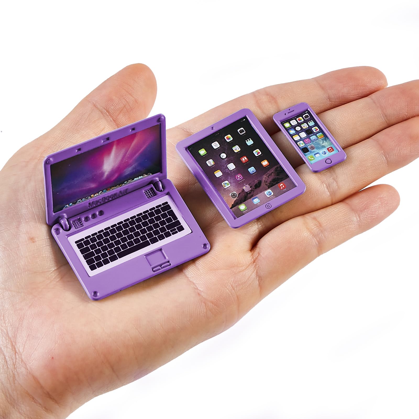 3 Pcs Dollhouse Furniture Accessories Laptop, 1:12 Scale 1:6 Simulation Miniature Phone Tablet Mini Stuff Things for Doll (Purple)