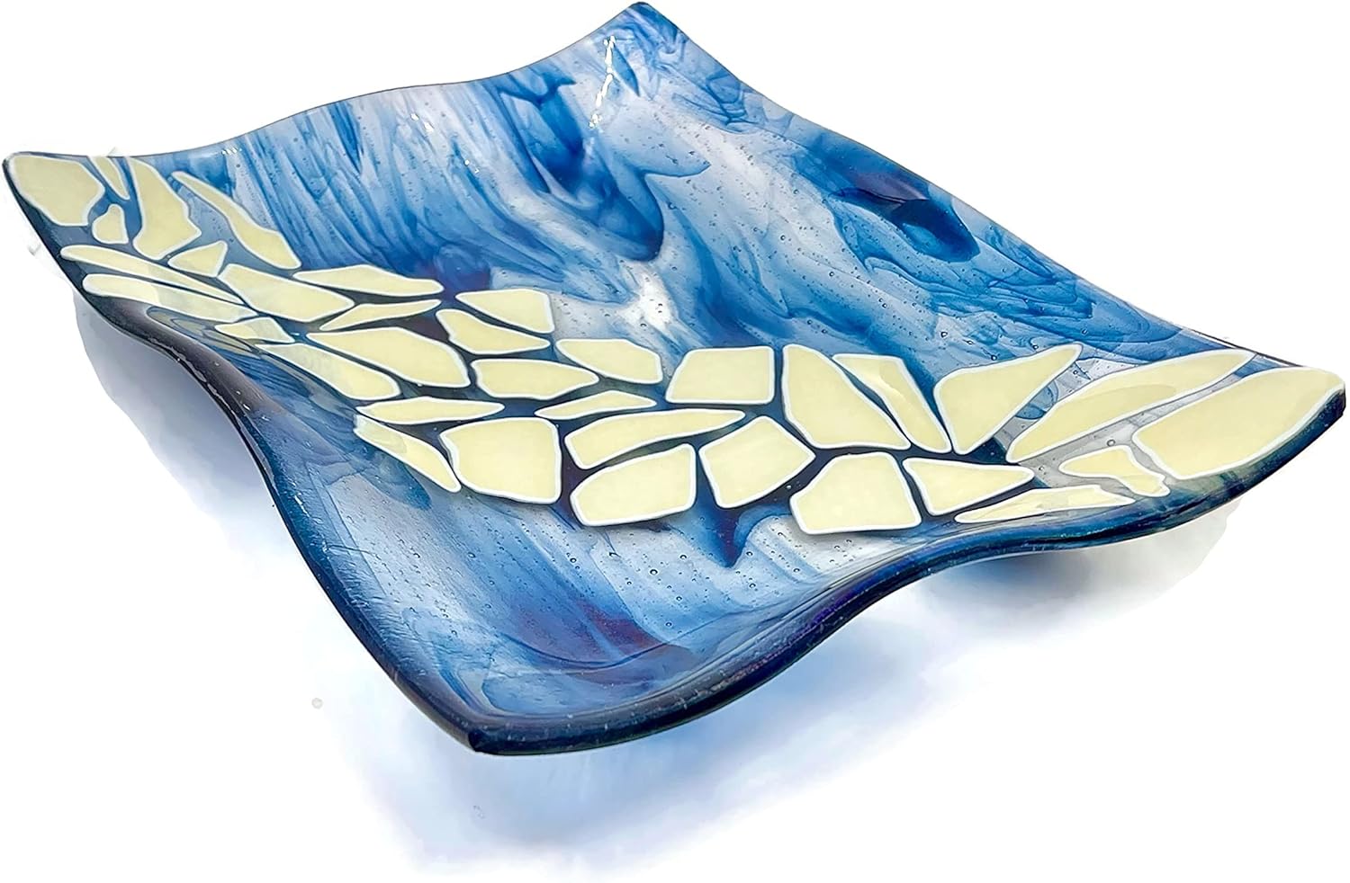 Navy Blue and French Vanilla Mid Century Modern Large Rectangular Art Glass Tray