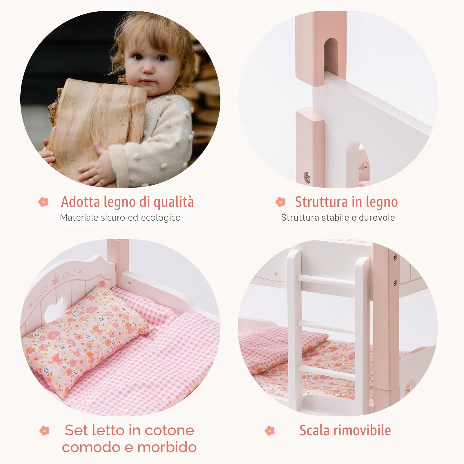 ROBOTIME letto a castello in legno, letto trasformabile con scaletta e biancheria, per letti per bambola impilabili da 18 pollici, accessori perfetti