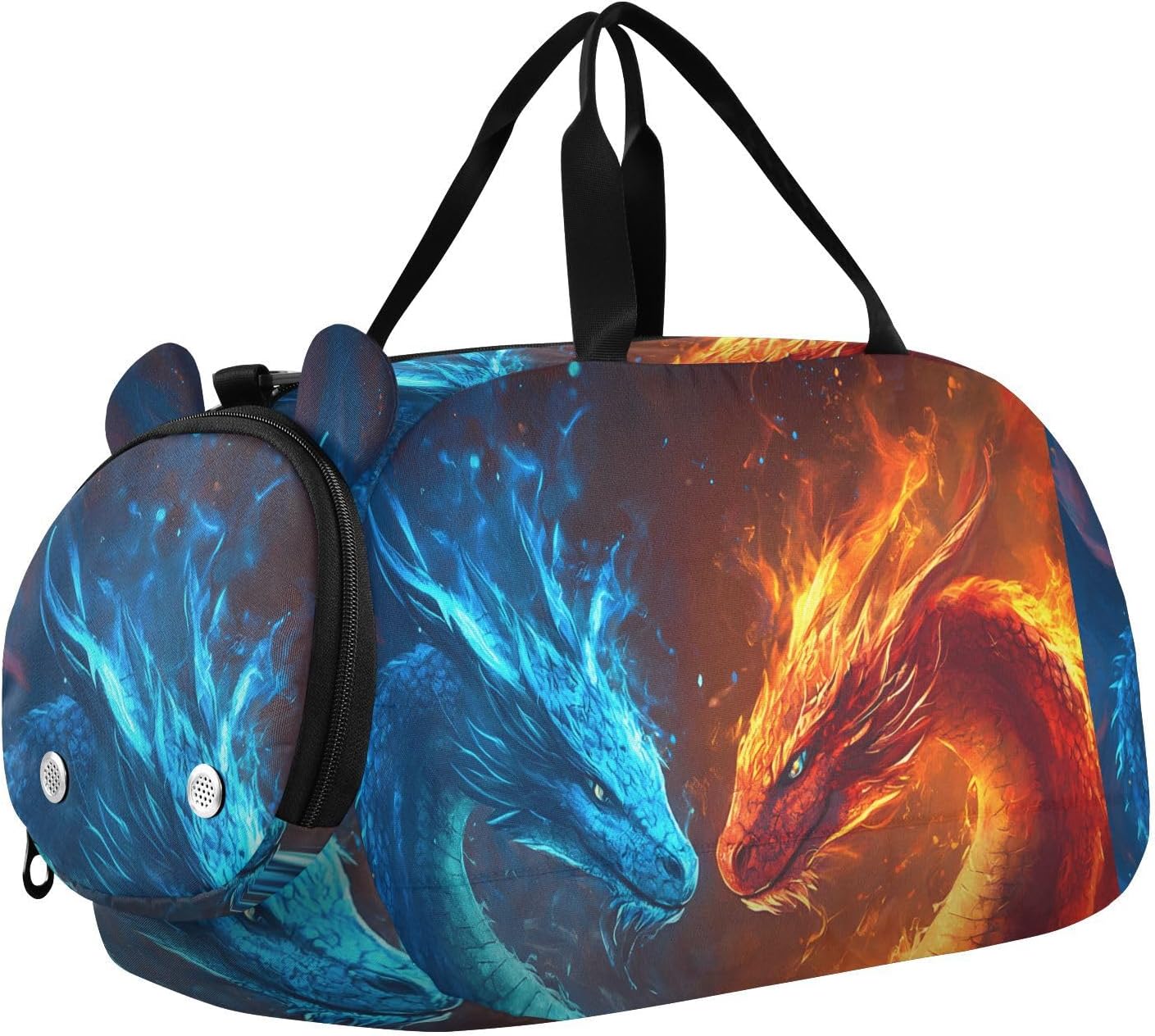 Kids Sports Duffel Bag for Boys & Girls - Fire Ice Dragon 100% Polyester Gym Bag with Separate Shoe Compartment, Adjustable Shoulder Strap, Compact Travel & Workout Gear Bag