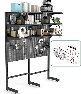 JWX DDB Gaming Standing Shelf Units, Home Office cabinets with Metal Pegboard and 15 Pieces Organizer Tool Holders