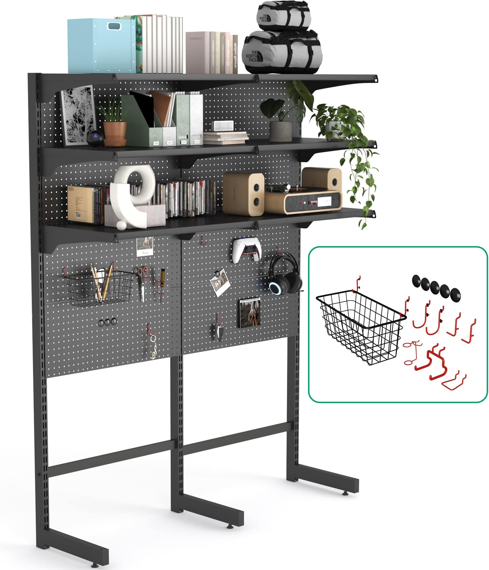 JWX DDB Gaming Standing Shelf Units, Home Office cabinets with Metal Pegboard and 15 Pieces Organizer Tool Holders