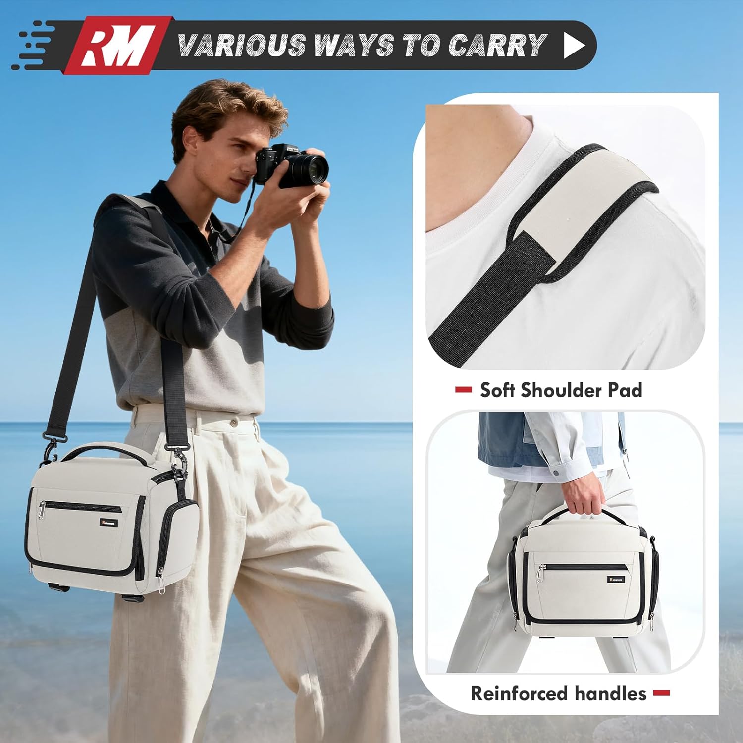 RAINSMORE Waterproof Camera Bag with Tripod Holder for Canon, Sony, Nikon, and Fujifilm – Small Sling Camera Case for Photographers, Beige