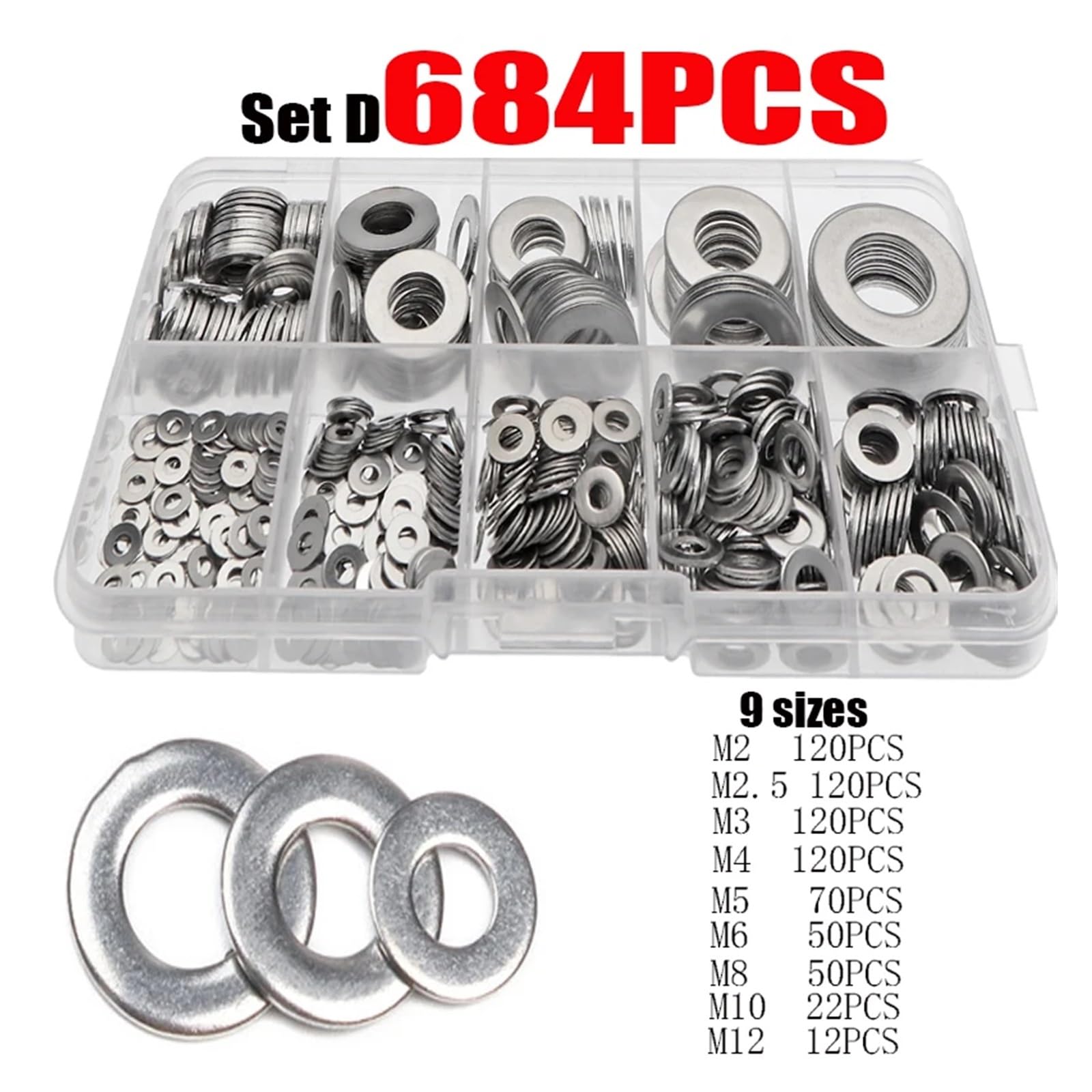 180/360/580/684/1010 STK. M2 M2.5 M3 M4 M5 M6 M8 M10 M12 304 Edelstahl-Unterlegscheibe Einstelldichtungs-Sortiment(580PCS M2M12)