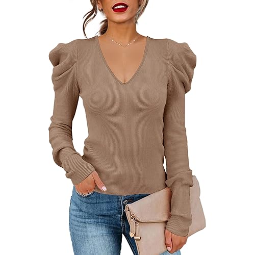 Women's Puff Long Sleeve Knit Pullover Sweaters Casual V Neck Ribbed Solid Soft Slim Fit Sweater Blouse Tops