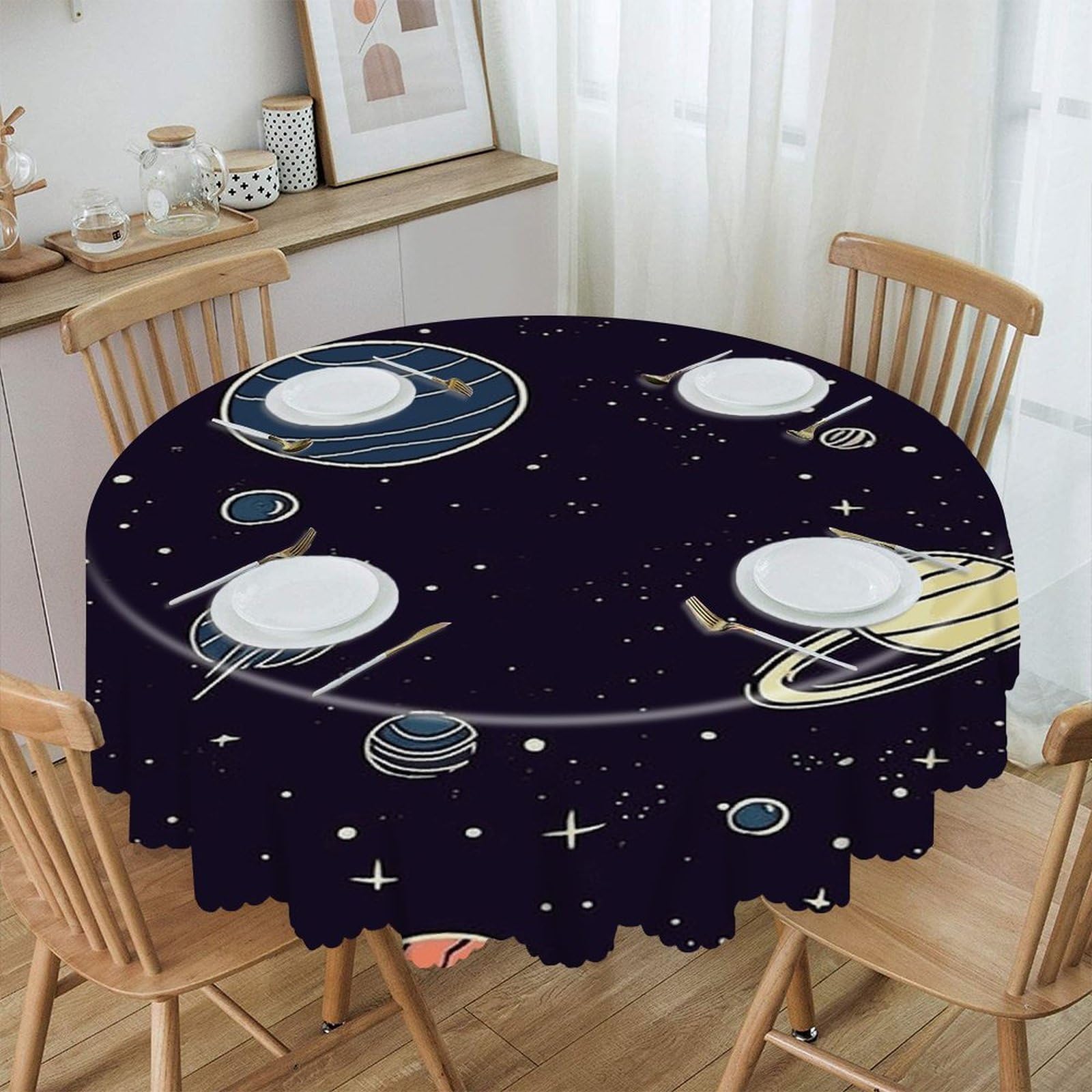 FekiLoot Space Planet Pattern Round Tablecloths 60 Inch Resistant Washable Polyester Table Cloth Style Decorative Circle Fabric Table Cover for Dining Kitchen Party Farmhouse Outdoor