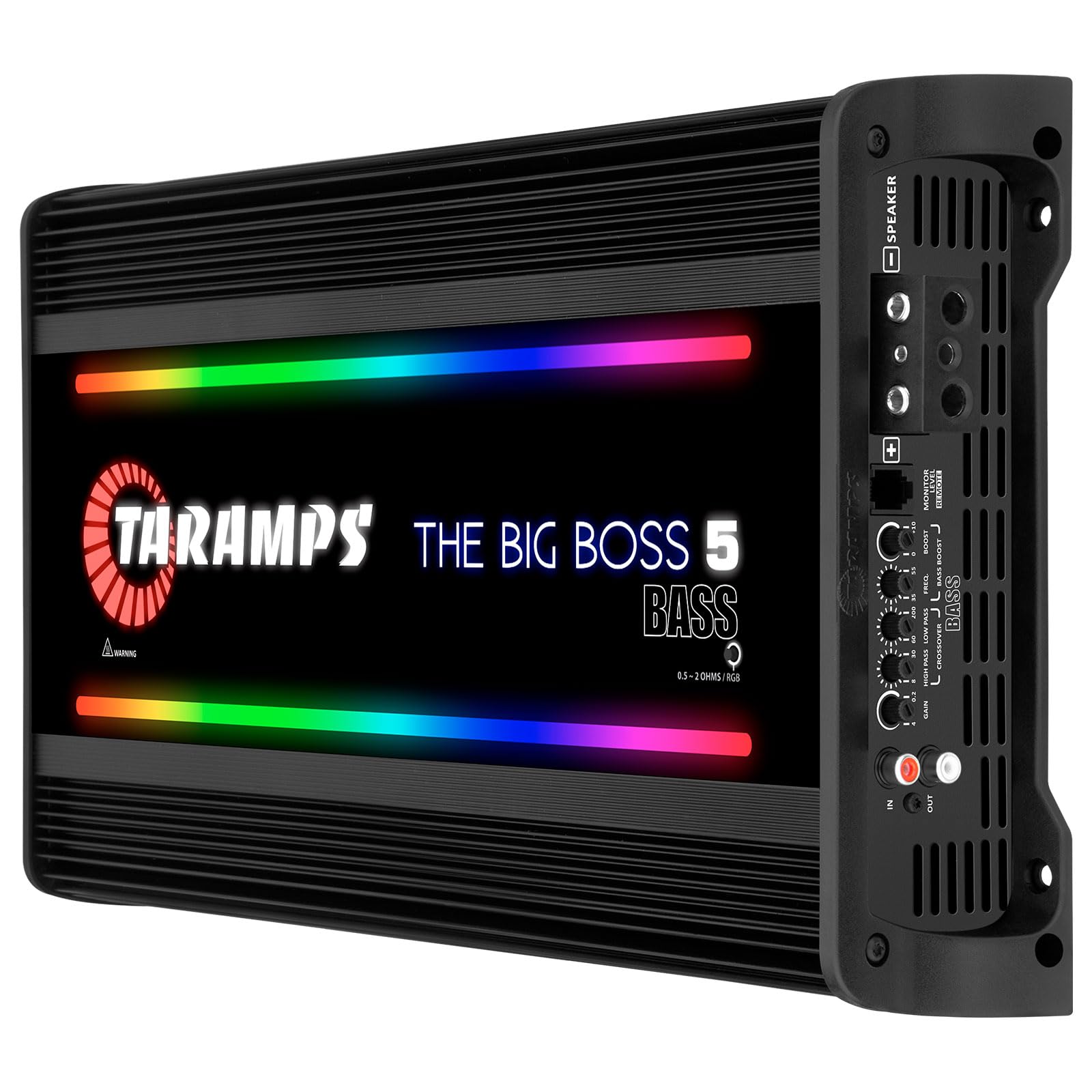 Taramps The Big Boss 5 Bass Black Monoblock RGB Effects 0.5~2 Ohms 5000 Watts Rms Multi-Impedance Digital Amplifier Car Audio System, LED Monitor Indicator, Class D, Crossover, 5k amp, Great for Subs