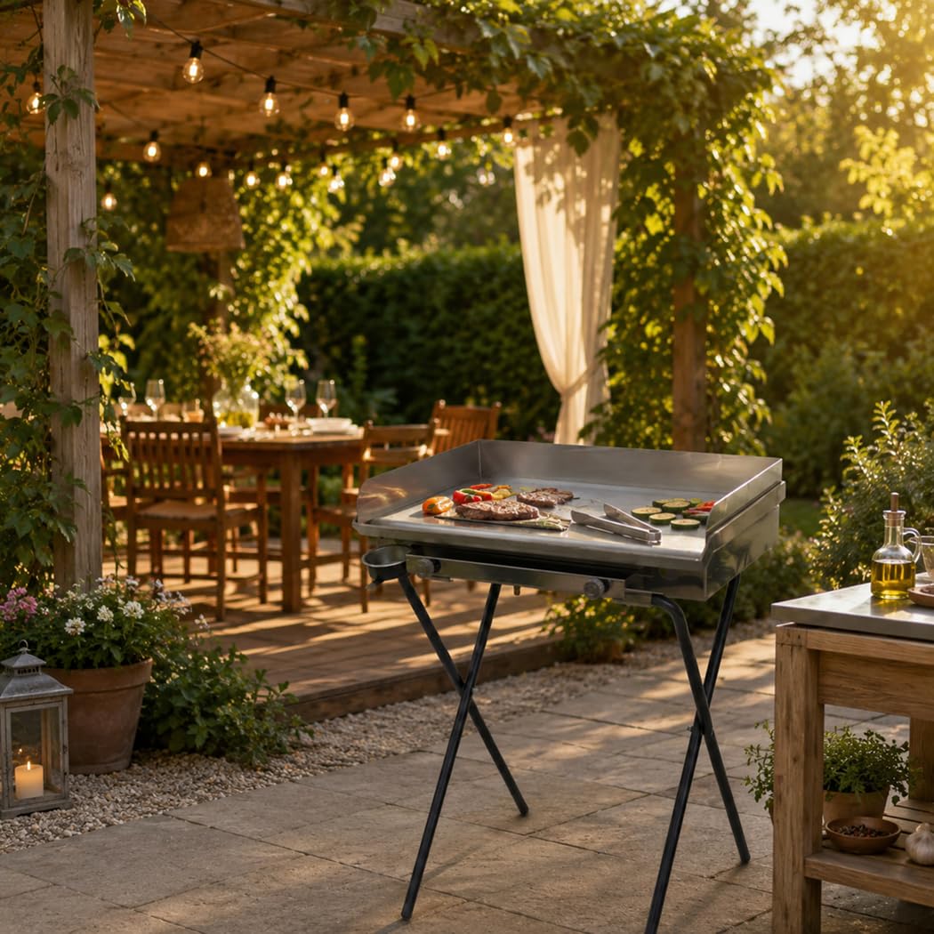 Yelloo - Parrilla Inoxline 620 60x45 cm con placa lisa de acero inoxidable AISI430, BBQ barbacoa de gas con dos quemadores