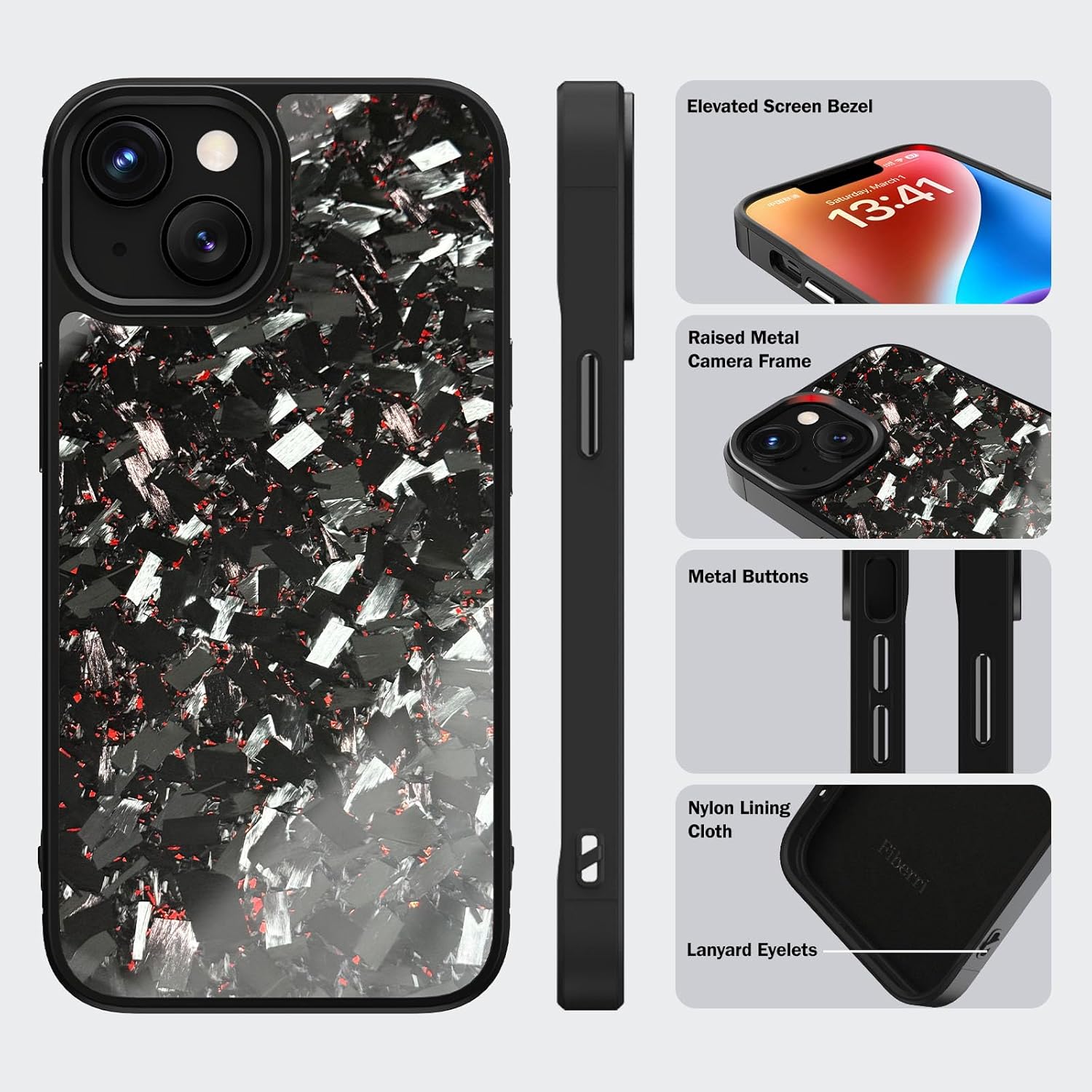 Genuine Forged Carbon Fiber Case for iPhone 14/13, Built-in Magnets, Compatible with MagSafe, Military Grade Drop Protection, Shockproof Phone Cover - Glossy Red