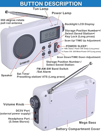 Miniatura 7 de ZHIWHIS Portable Radio, AM FM Shortwave Digital Tuner with Best Reception, Battery Operated Clock Radios with Sleep Timer and Preset Function,