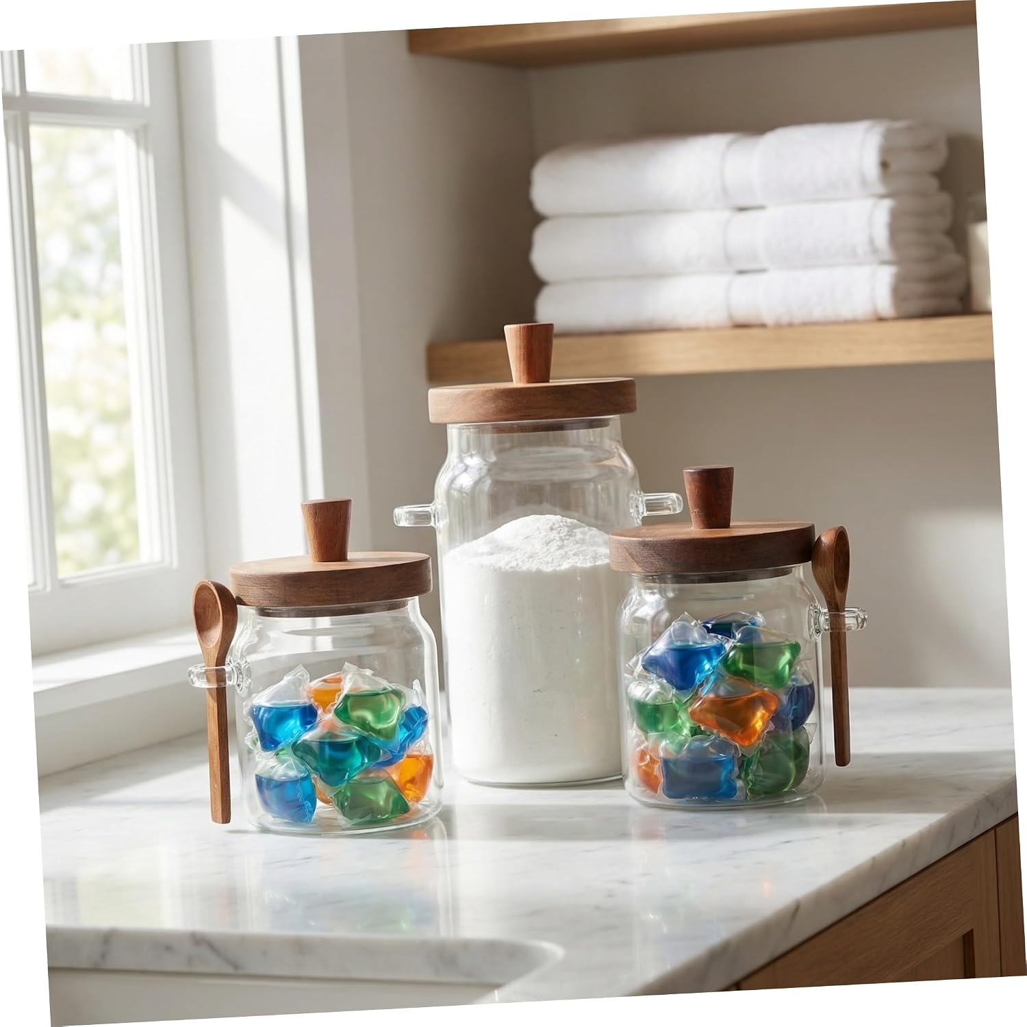 Uonlytech Powder Jars Laundry Glass Storage 3pcs Wooden with Containers Lids and Spoons, Moisture Protection, Versatile Usage, 400ml 600ml 900ml round for Detergent Capsules