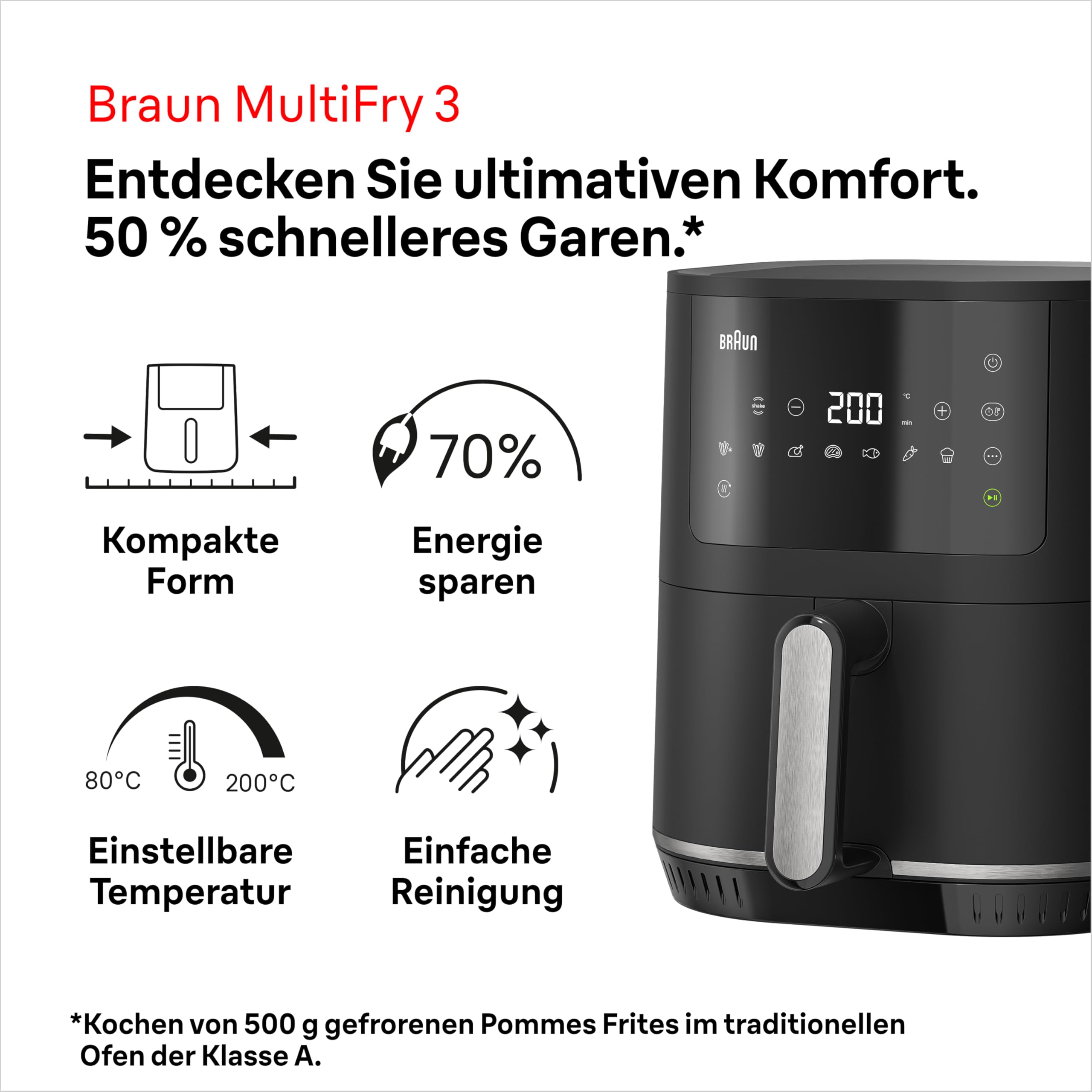 Braun Heißluftfritteuse MultiFry 3 HF 3030, 4,3 L, 1500W, digitale Temperaturregelung, 80-200°C, Timer, 8 Programme, Touch Control, Antihaftbeschichtung, Garkorb & Rost spülmaschinenfest, Schwarz