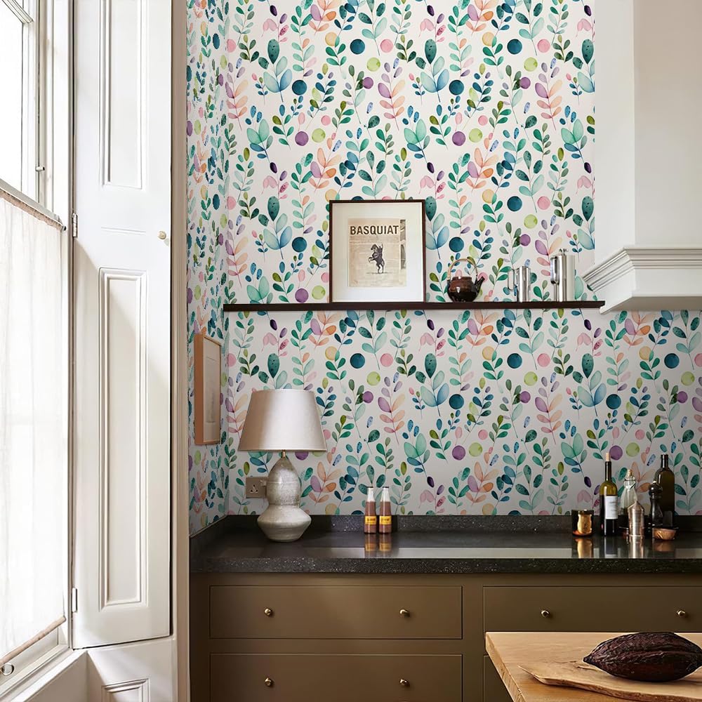 REDAMANCY Cute Watercolor Green Leaf Purple/Pink Botanical Herbs Plants Peel and Stick Wallpaper Stick on Contact Paper Vintage Wall Paper Easy Peel Off for nightstand Drawer Cabinet Renter
