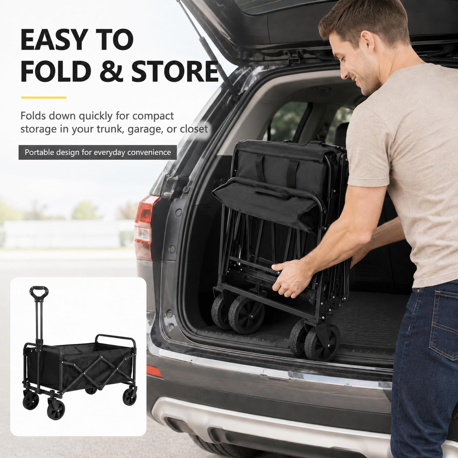 NCONCO Carrello Pieghevole con Ruote, 100L 150KG Carrello Spesa e Spiaggia | Carrello da Campeggio Portatile con Maniglia Regolabilee Ruote Larghe 360°, Carrellino Trasporto per Giardino e Auto
