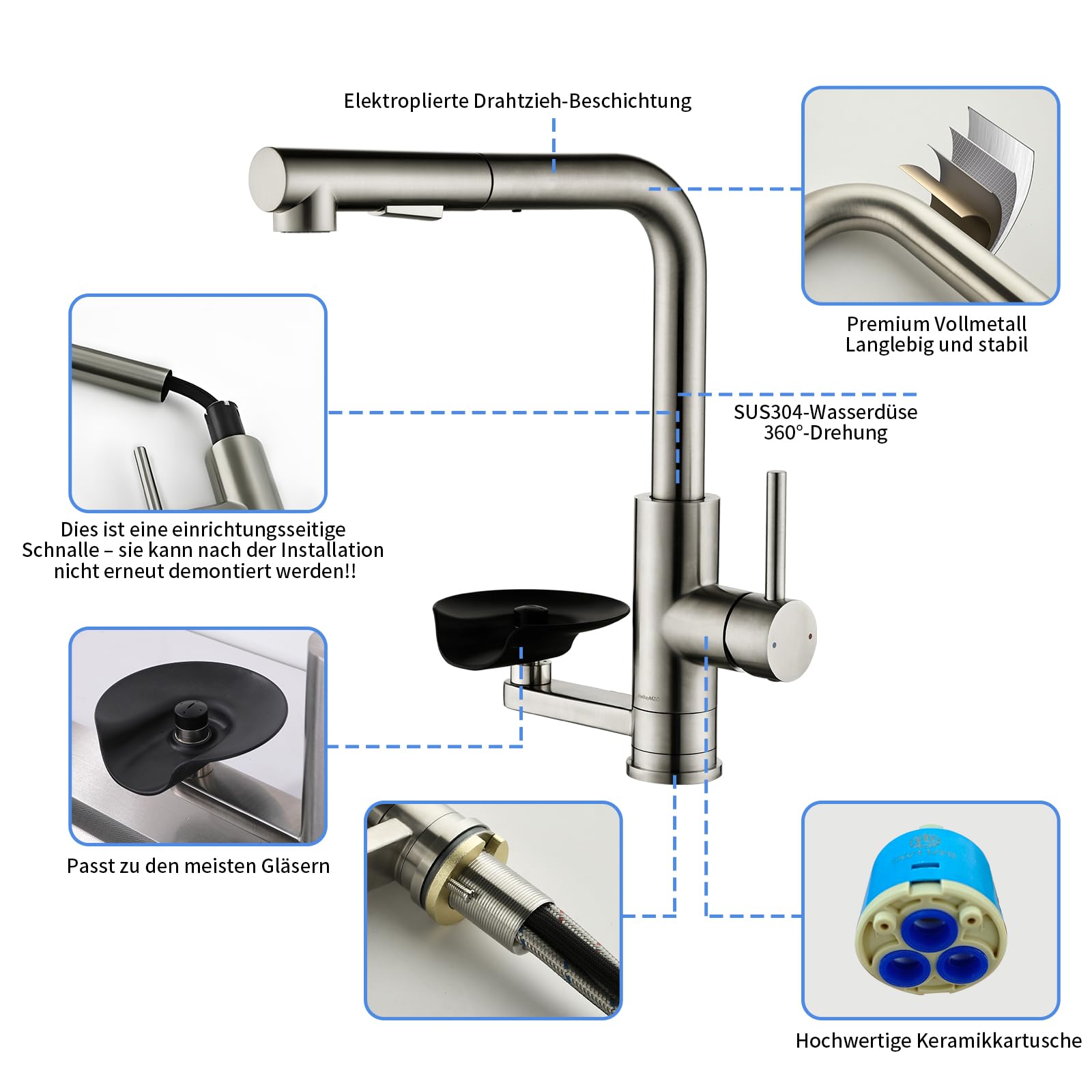 Wasserhahn Küche Ausziehbar Küchenarmatur mit Glasspüler, Dual-Auslauf | LakeBayMZC Küchenarmaturen Armatur Küche Mischbatterie Spültischarmatur, 360°-Drehung, 304 Edelstahl Gebürstet Silber