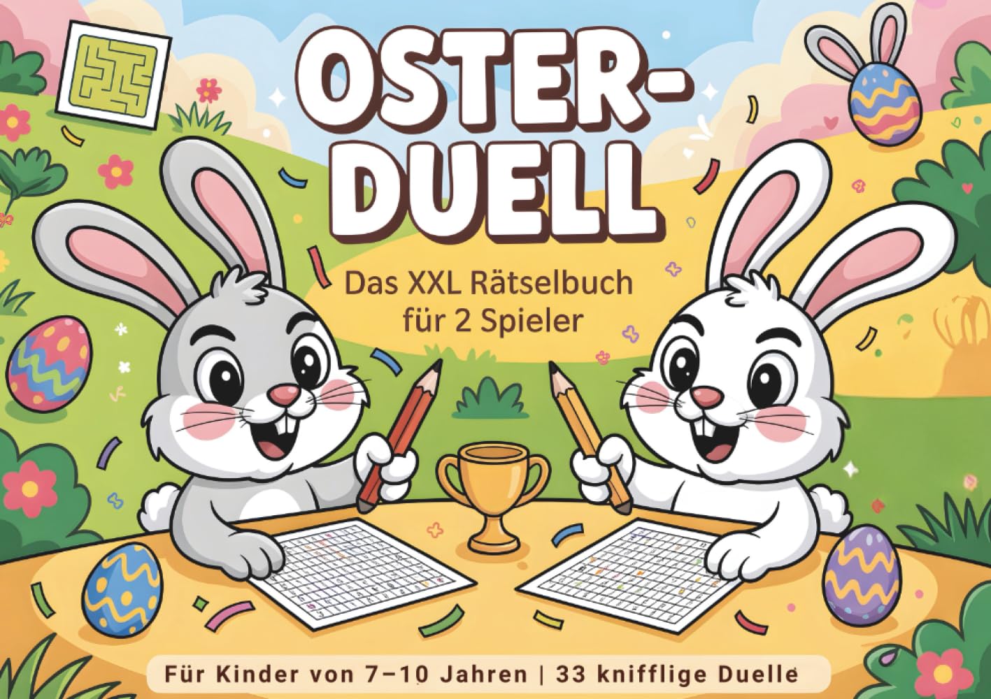 Oster-Duell – Das XXL Rätselbuch für 2 Spieler: Für Kinder von 7–10 Jahren | 33 knifflige Duelle mit Sudoku, Wortsuche & Labyrinth | Rätselblock für 2 Spieler