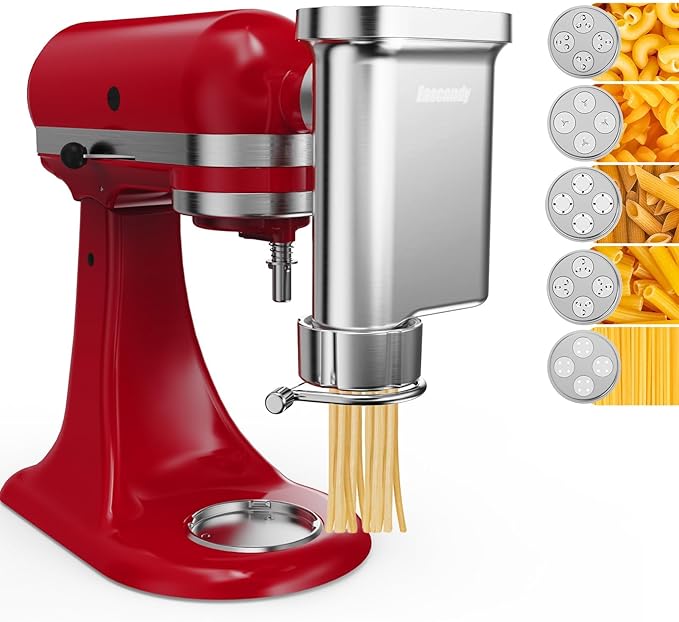 Metal Gourmet Pasta Press Attachment for KitchenAid Stand Mixer – Durable Pasta Maker Attachment with 5 Interchangeable Plates for Spaghetti, Bucatini, Fusilli, Large & Small Macaroni