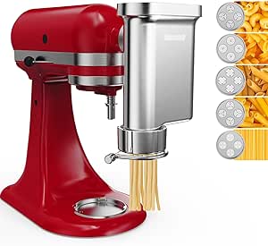 Metal Gourmet Pasta Press Attachment for KitchenAid Stand Mixer – Durable Pasta Maker Attachment with 5 Interchangeable Plates for Spaghetti, Bucatini, Fusilli, Large & Small Macaroni