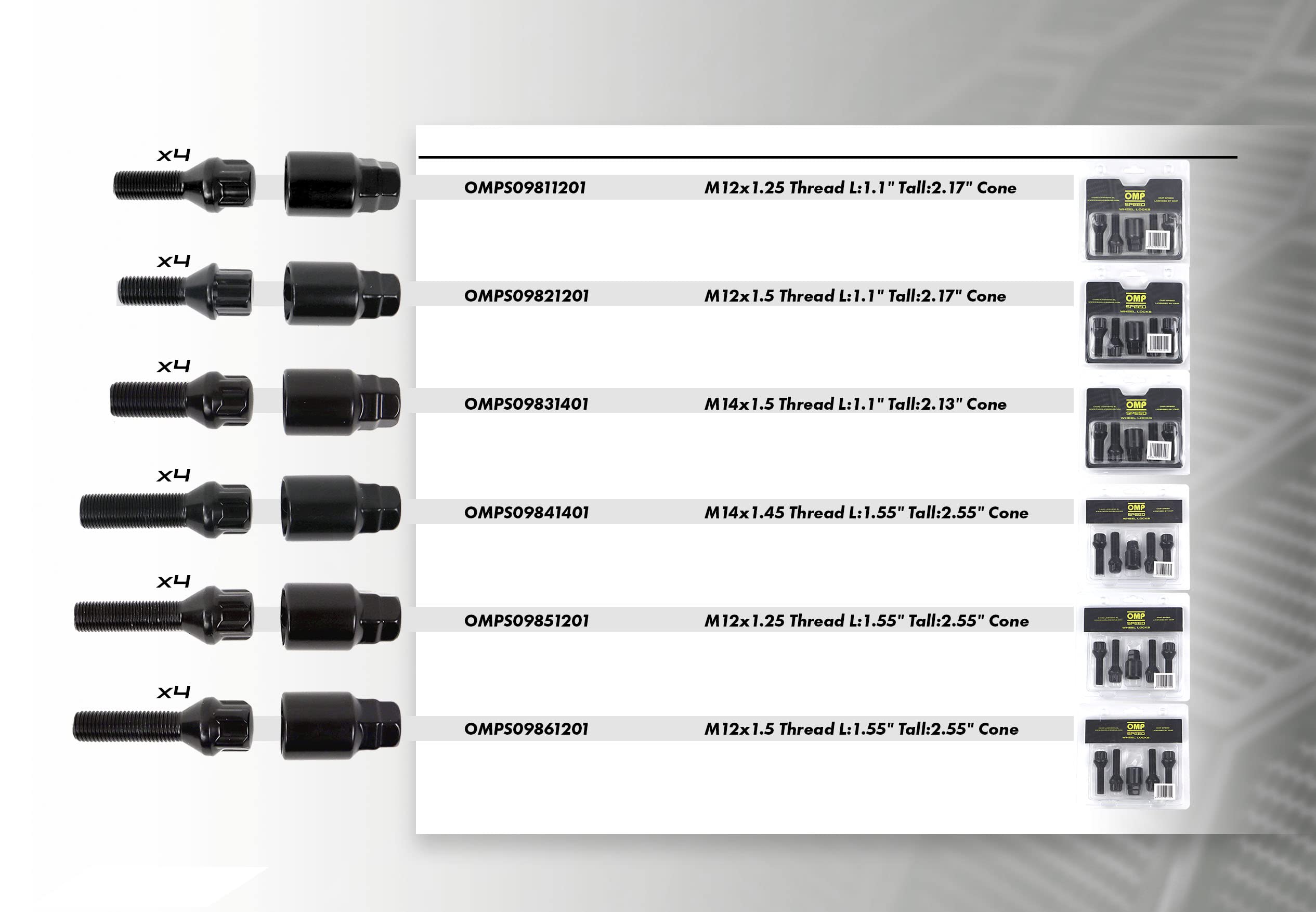 Omp Speed Juego 4 Tornillos Antirrobo Llantas M12X1.25 Largo Roscado 40Mm Forma Conica