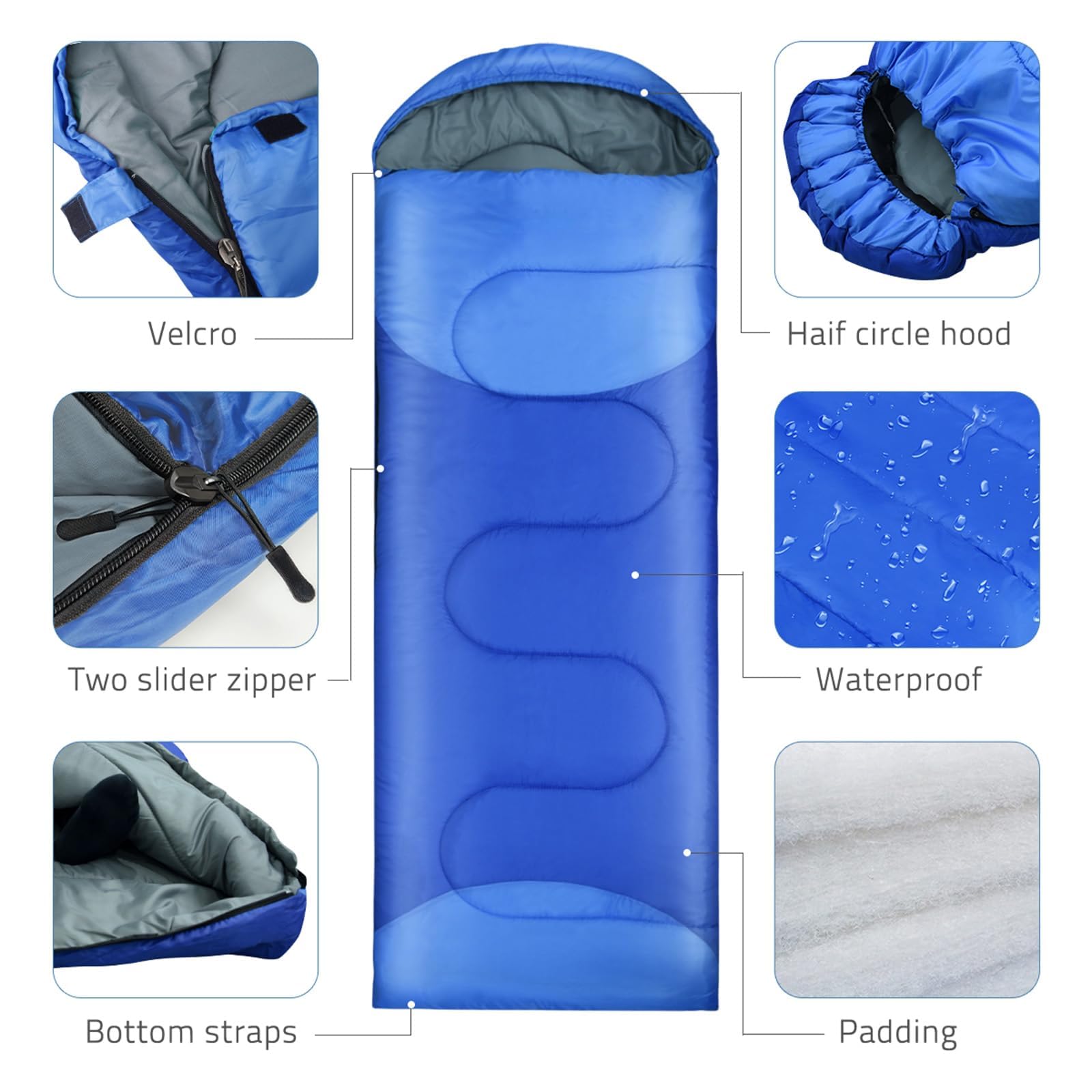 Śpiwór 220 x 80 cm, 1000 g śpiwór kempingowy na 3 pory roku, ultralekki na lato, jesień, wiosnę, mały pakiet niebieski FL-120 cichy wentylator 3