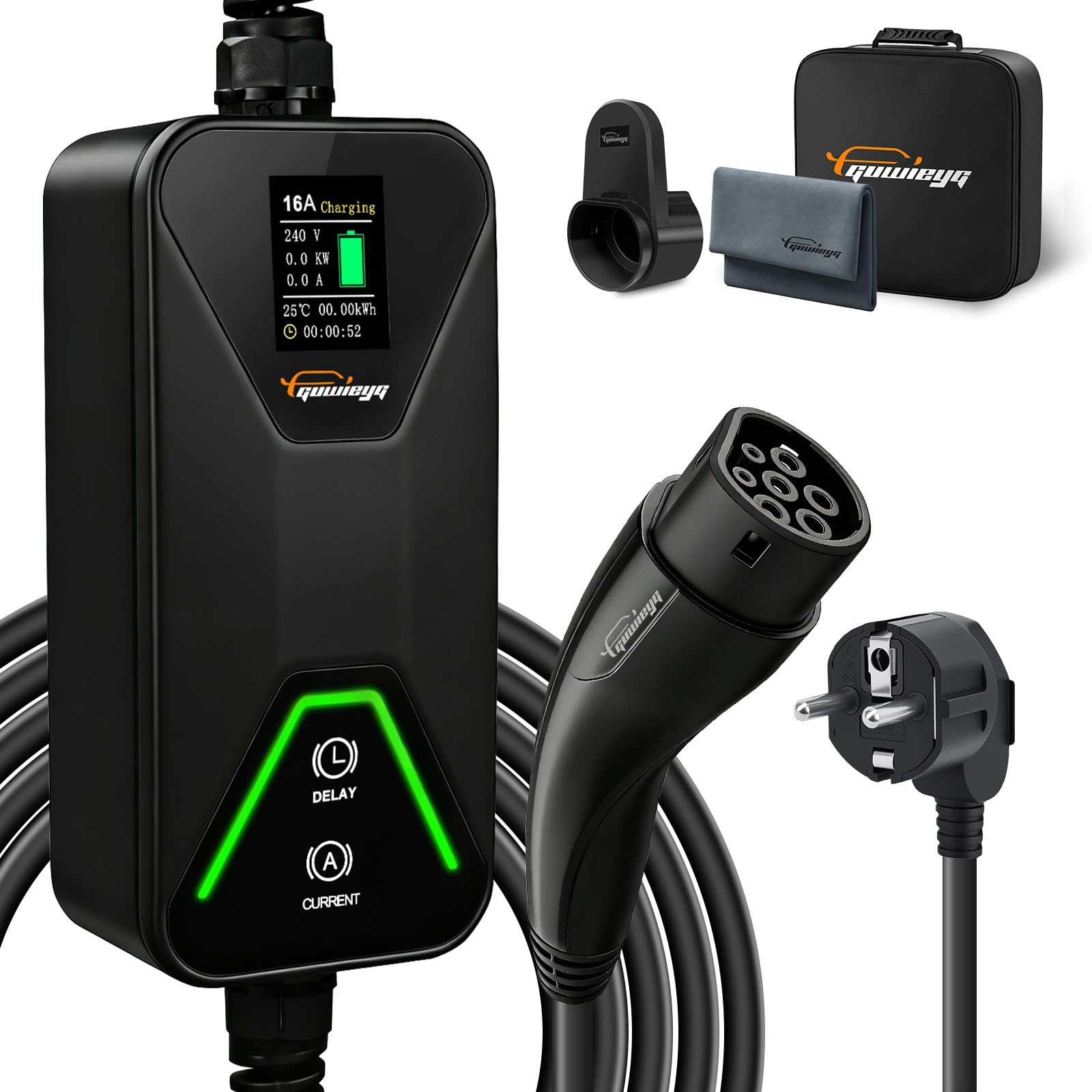 Typ 2 Ladekabel Schuko 3.5kW 16A für PHEV/EV, 8m | 8/10/13/16A Einstellbarer Strom, mit Digitalanzeige, 6h Verzögerungstimer, IP66, Tragetasche und Mikrofasertuch