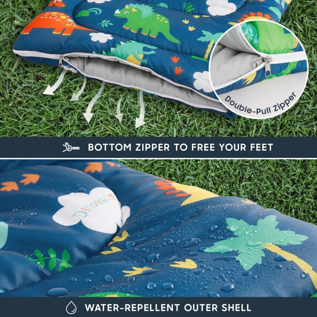 Wake In Cloud - Kids Sleeping Bag for Boys Toddlers, Camping in Warm Cold Weather, Backpacking Lightweight Compact Outdoor Liner for 3 Seasons, Cartoon Jurassic Dinosaur