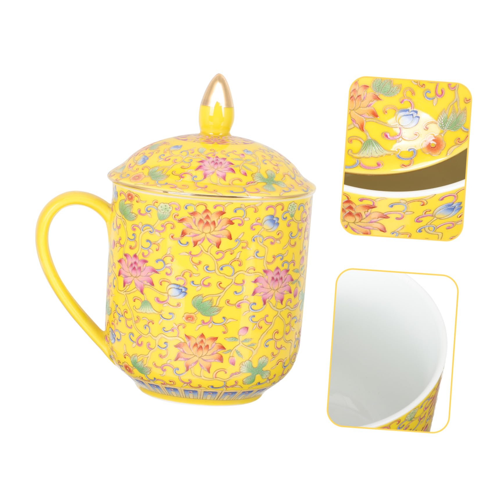 Teetasse Retro Design Chinesischer Stil Keramik mit Deckel und Sieb Gelb Klassischer Chic für Losen Tee Geeignet für Büro und Restaurant