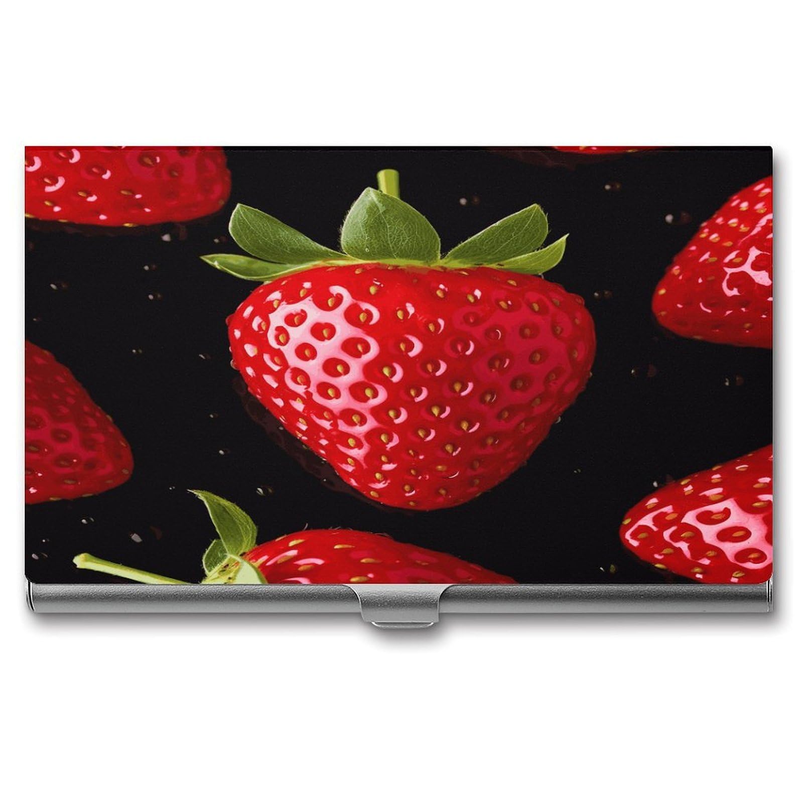 LDGSUPH Strawberry Business Card Holder Fashion Slim Name Card Holder Minimalist Design Case Metal Card Carrier Personalized Business Card Case with Flip for Men Women