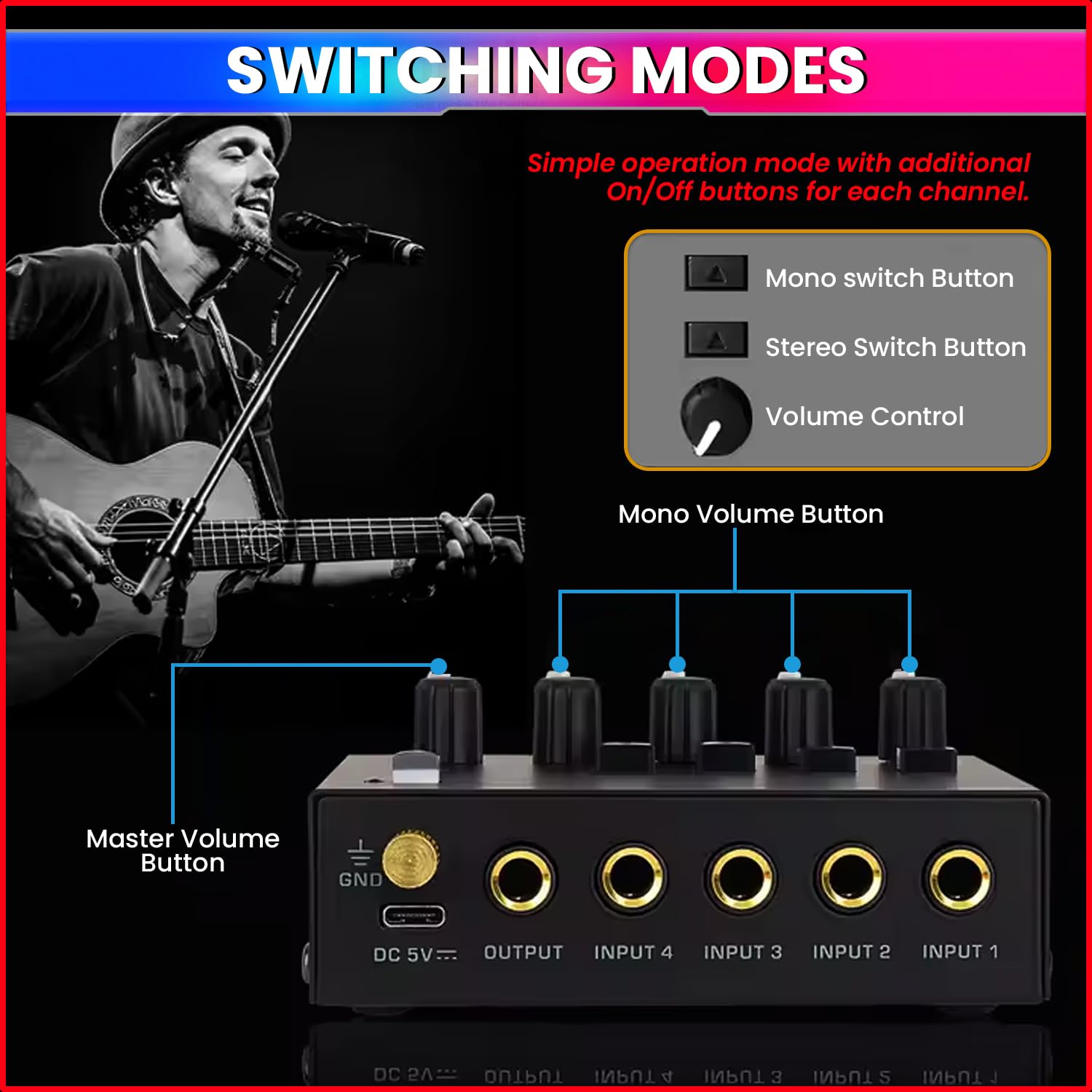 amiciSound Mini Audio Mixer – Ultra Low-Noise 4-Channel Stereo Line Mixer | 5V DC Type-C Powered | Independent Volume Control | Compact & Versatile Sub-Mixing for Guitar, Keyboard, Bass, Drum Sets - Image 3 thumbnail