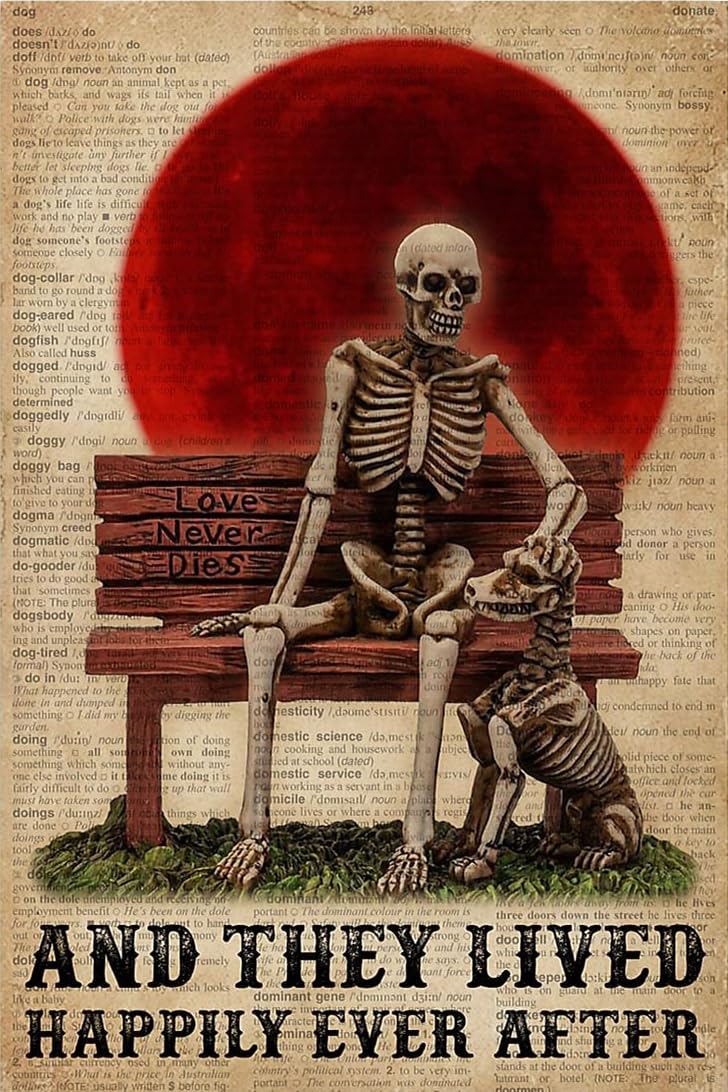 kisoyo Vintage Metal Tin Sign Dictionary Skeleton And Dog They Lived Happily Ever After Print Poster Sign Anniversary Birthday Christmas Housewarming Gift 8x12 Inch