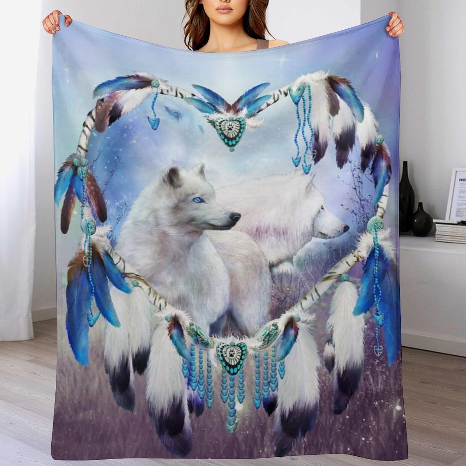 Plaid loup dreamcatcher en flannel douce pour vos soirées cocooning