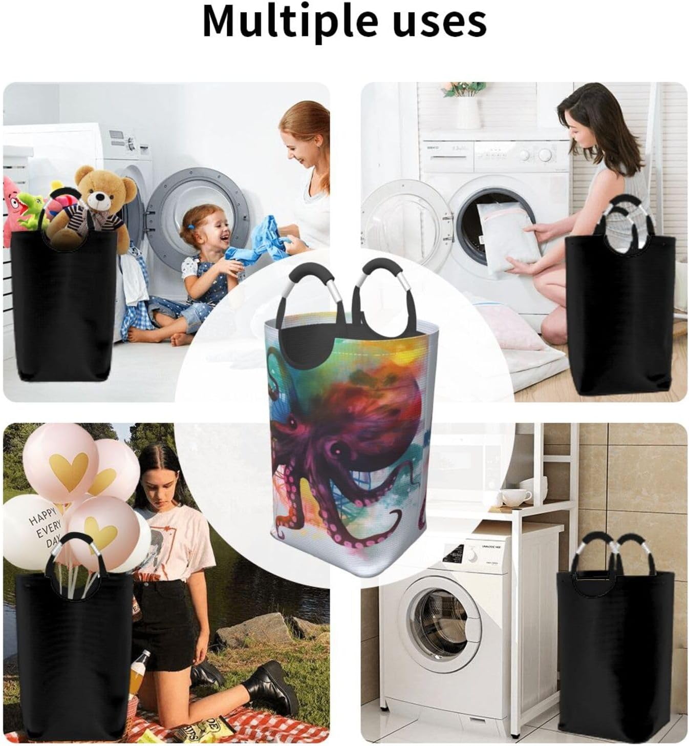 Laundry Basket Waterproof Laundry Hamper With Handles Dirty Clothes Organizer Abstract Colorful Octopus Protable Foldable Storage Bin Bag for Living Room Bedroom Playroom image 5