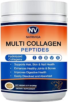 Multi Collagen Peptides Powder - Type I, II, III, V, X - Hydrolyzed Collagen Peptides with Vitamin C Hyaluronic Acid, Supports Skin Hair Nail & Joint, Grass-Fed, Non-GMO, 35 Servings