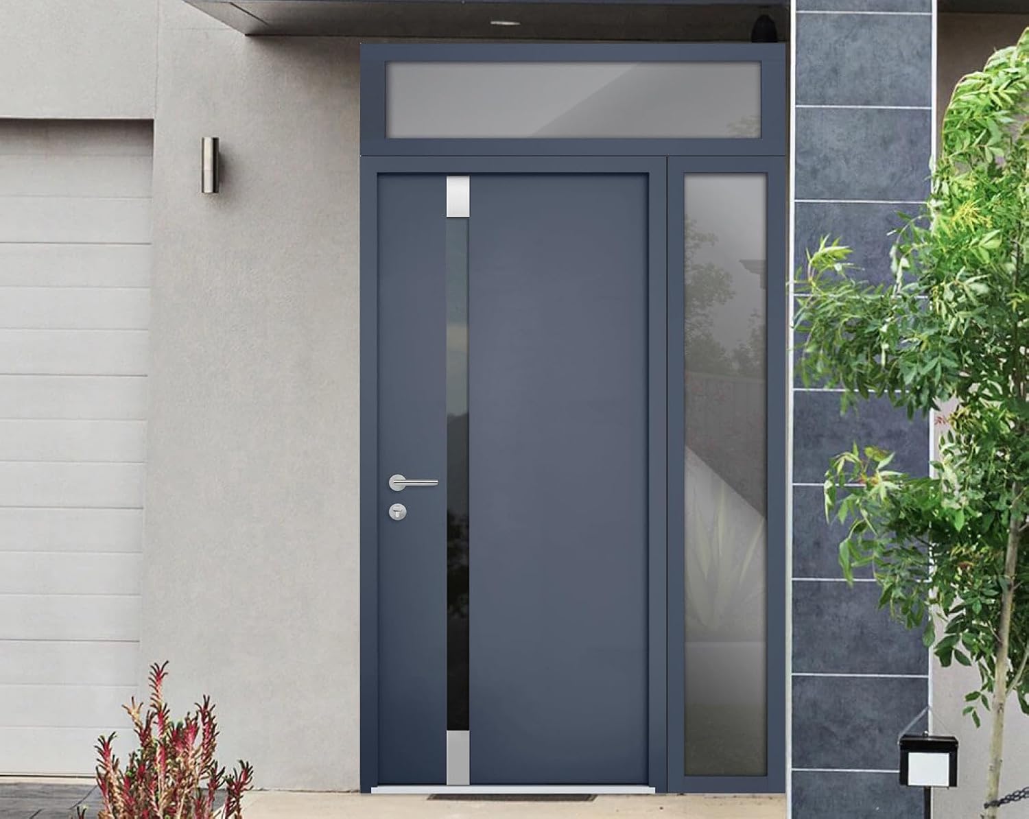 VDOMDOORS Front Exterior Prehung Steel Door/Cynex 6777 Grey/Side and Top Exterior Window/Stainless Inserts Single Modern Painted-W32+12" x H80+16"-Right-Hand Inswing