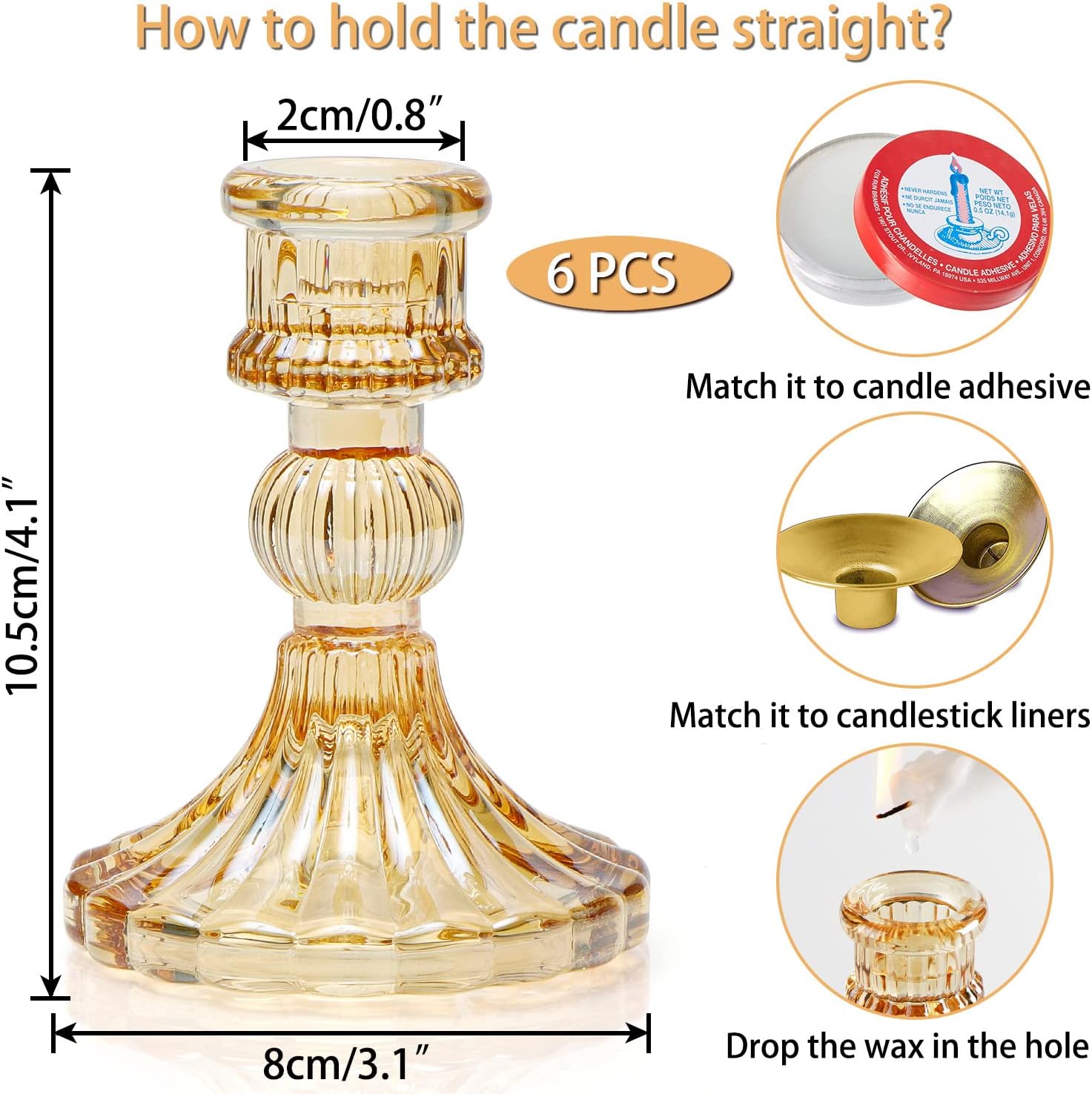 Taper Candle Holder Set of 6, Gold Candle Holder & Vintage Candlestick Holder, Glass Candlestick Holder for Table Centerpieces, Fall, Christmas, Autumn, Thanksgiving Decor