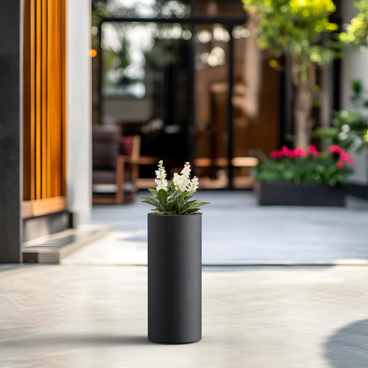 Kante 18.9 Inch Tall Cylindrical Planter, Large Round Plant Pots with Drainage Hole, Made with Concrete, Suitable for Indoor Outdoor Plants, Home Decor, Black Finish with Painted Interior