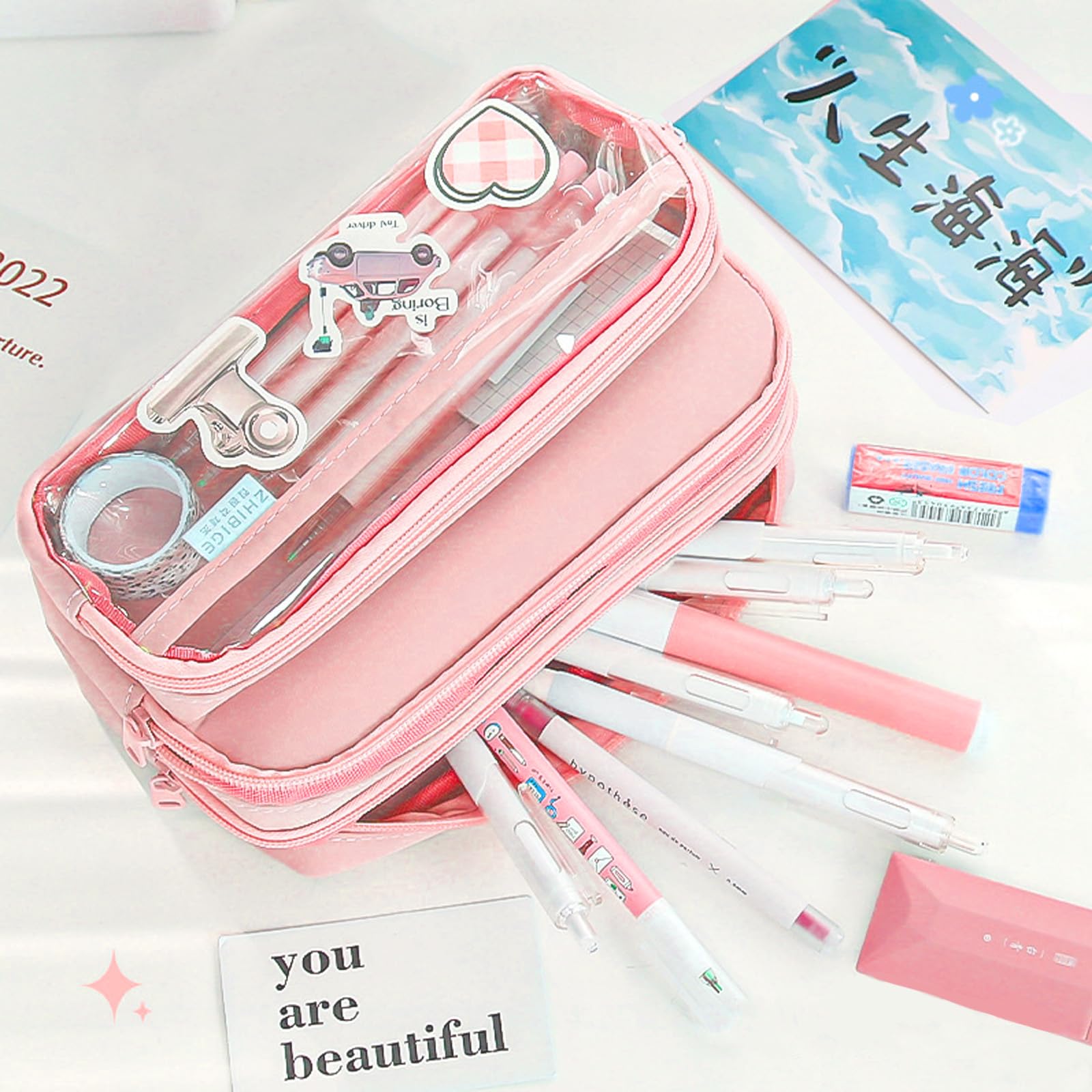 Etui Aesthetic o Dużej Pojemności, Torba na Kosmetyki dla Dziewcząt, Etui Szkolne z 4 Przegródkami, Etui na Pióra dla Biura, Uniwersytetu, Szkoły dla Nastolatków, Prezent